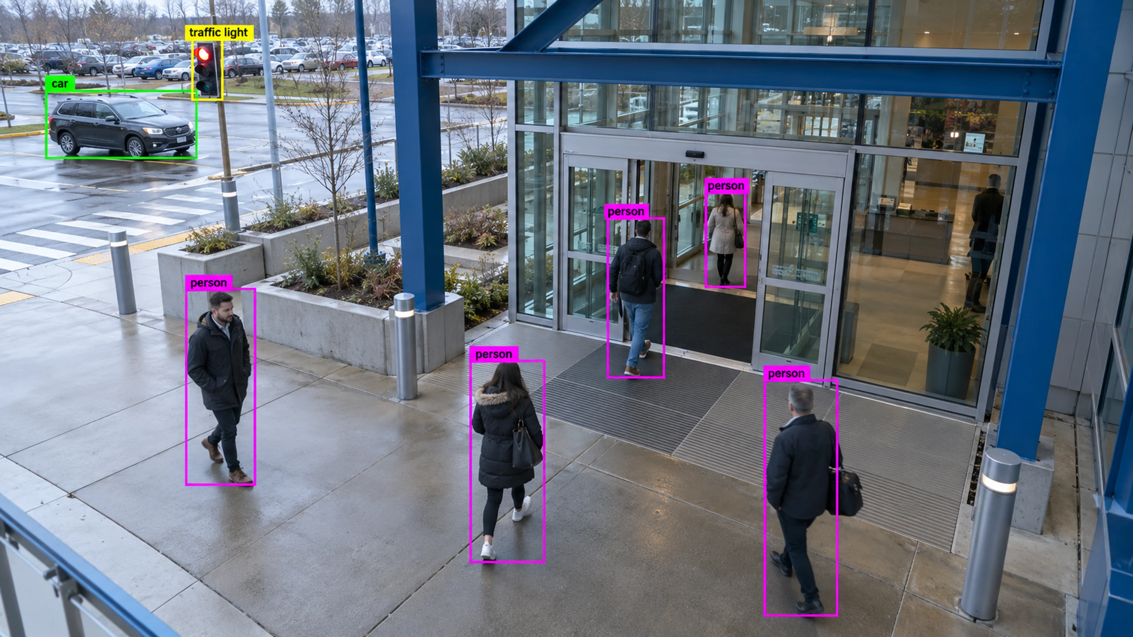 Commercial building circulation area with people walking through the entrance. Illustrative object detections.