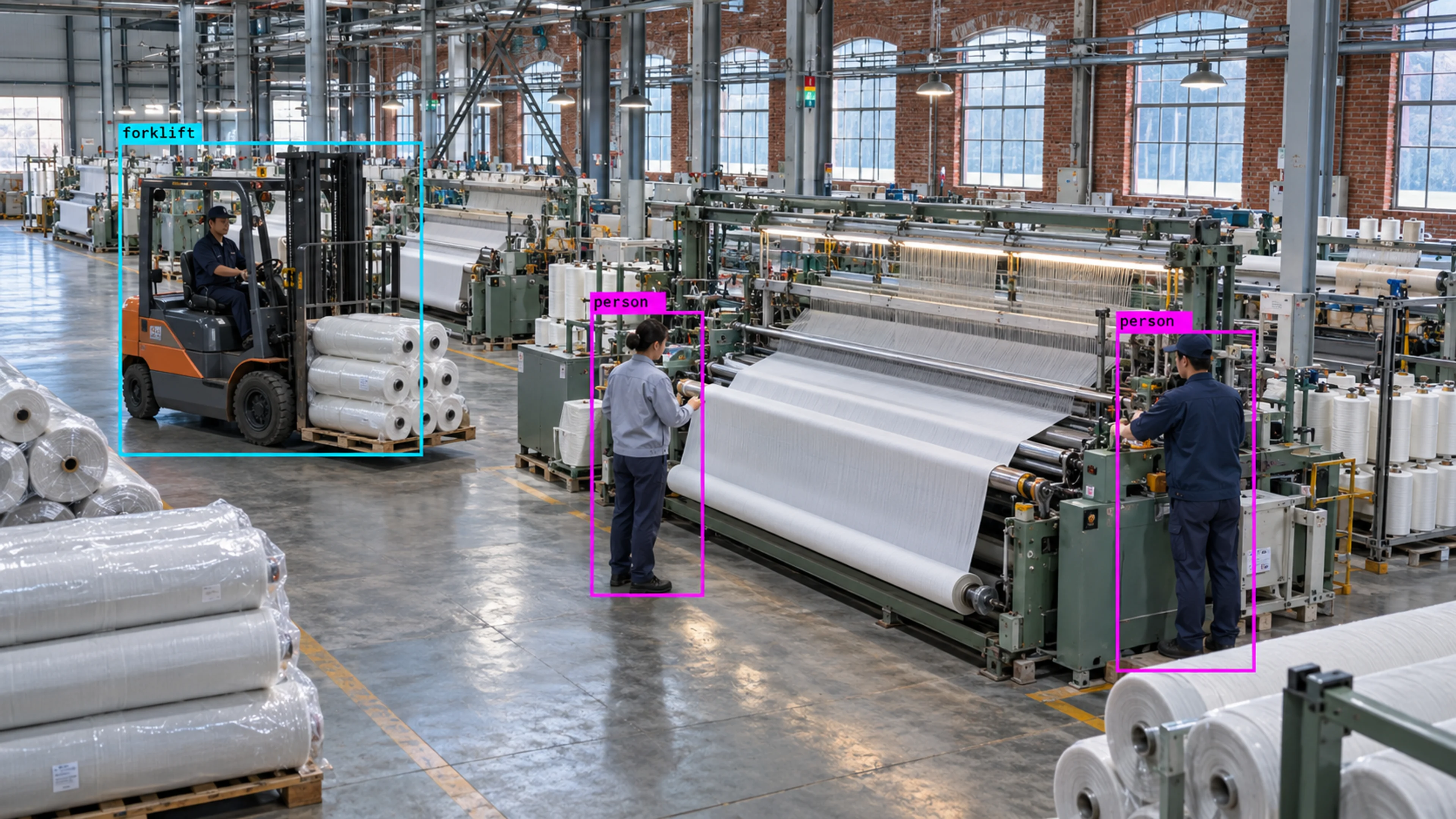Textile production floor with operators, machinery and fabric. Illustrative object detections.