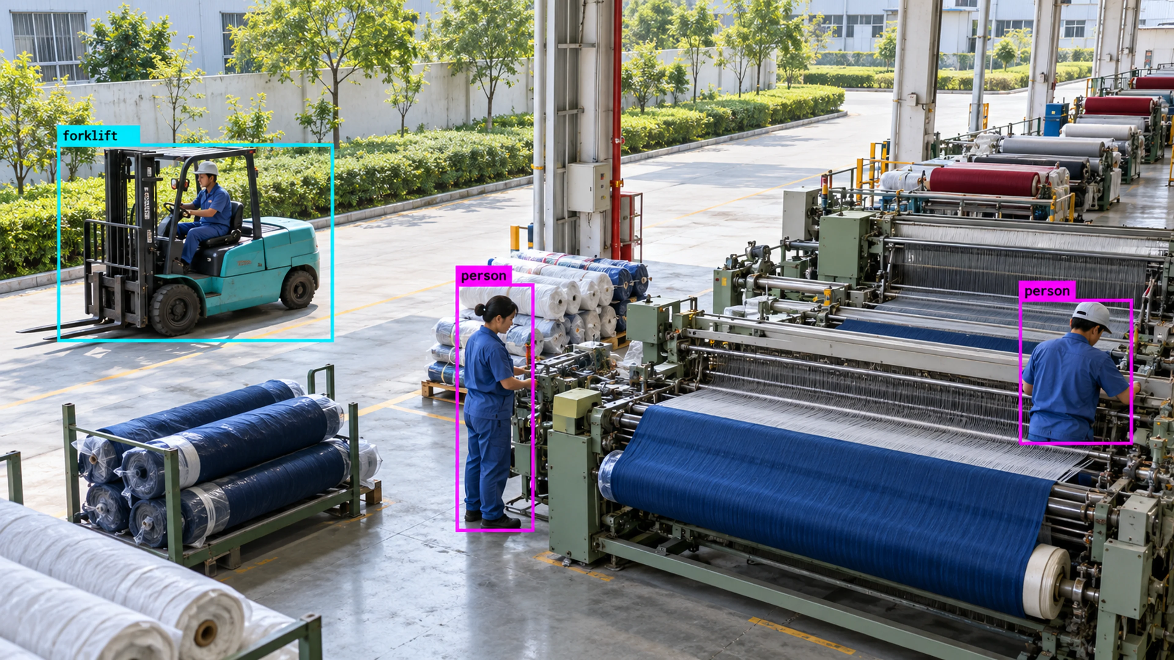 Textile production floor with operators, machinery and fabric. Illustrative object detections.