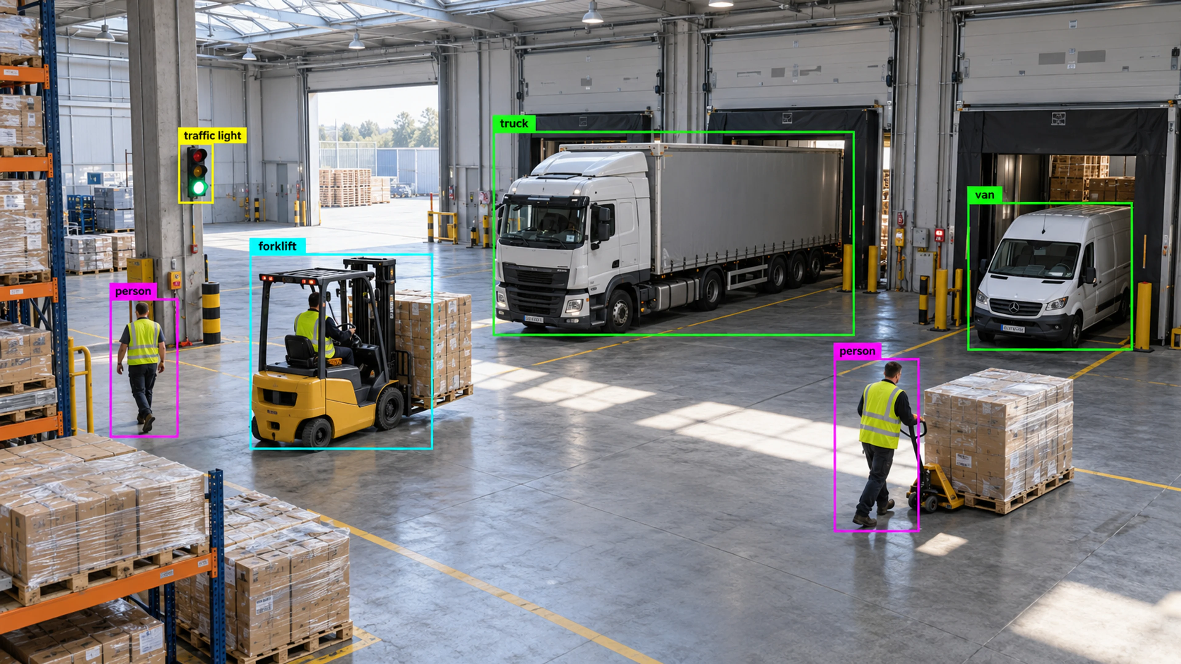 Warehouse loading area with workers, storage and a forklift. Illustrative object detections.