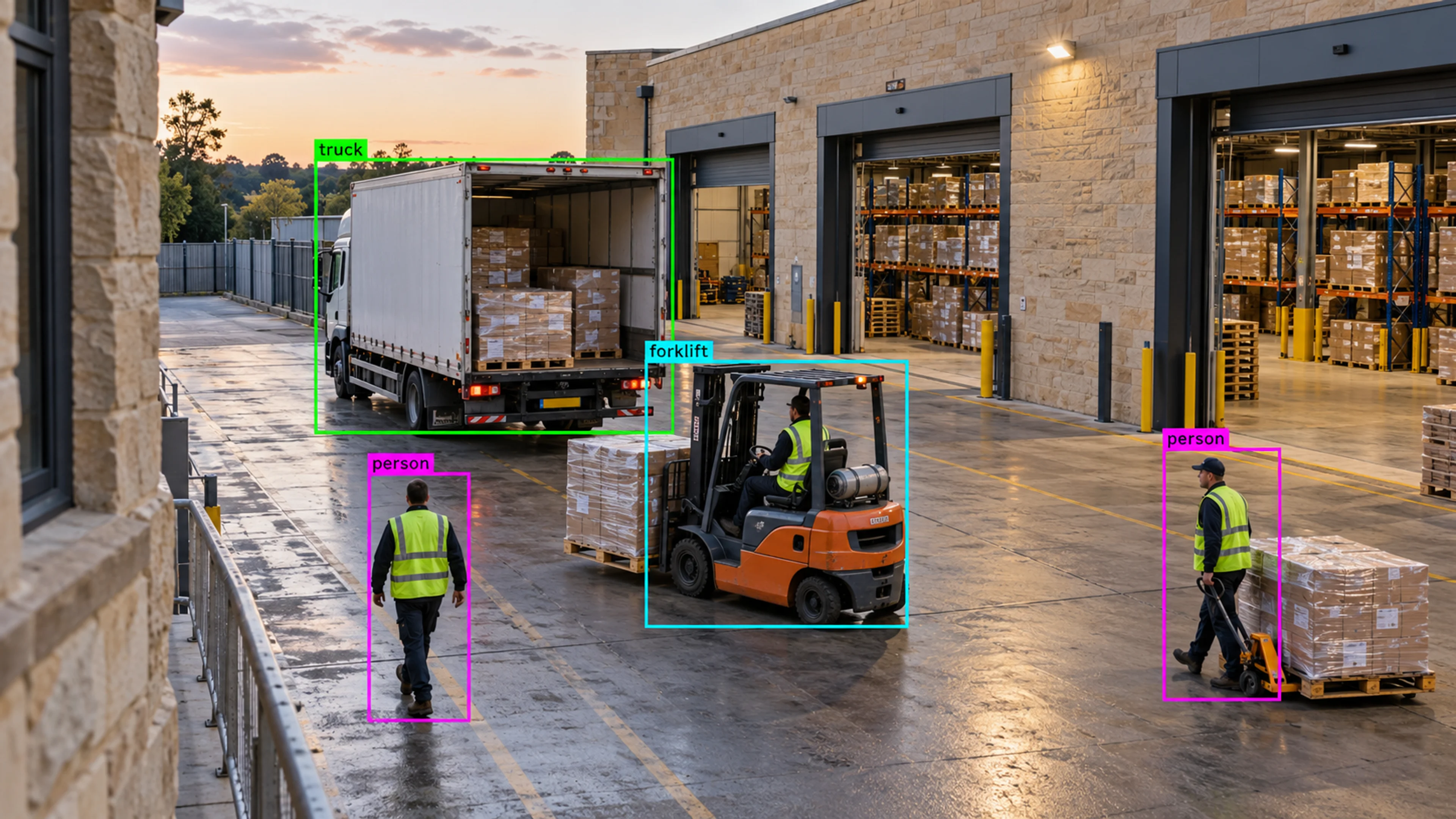 Warehouse loading area with workers, storage and a forklift. Illustrative object detections.