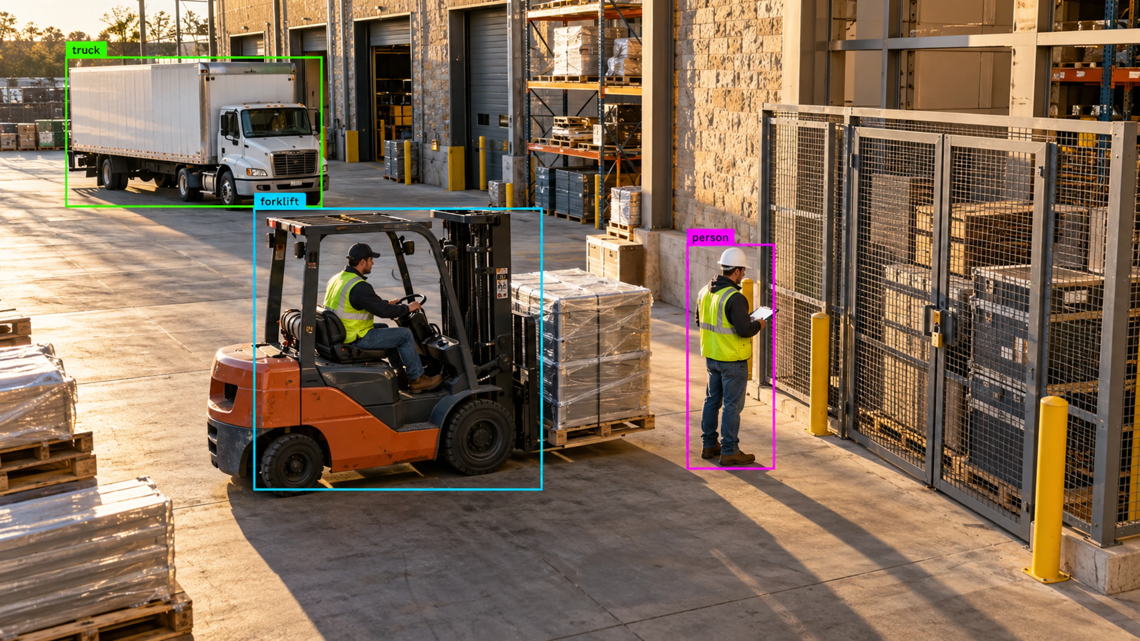 Warehouse loading area with workers, storage and a forklift. Illustrative object detections.