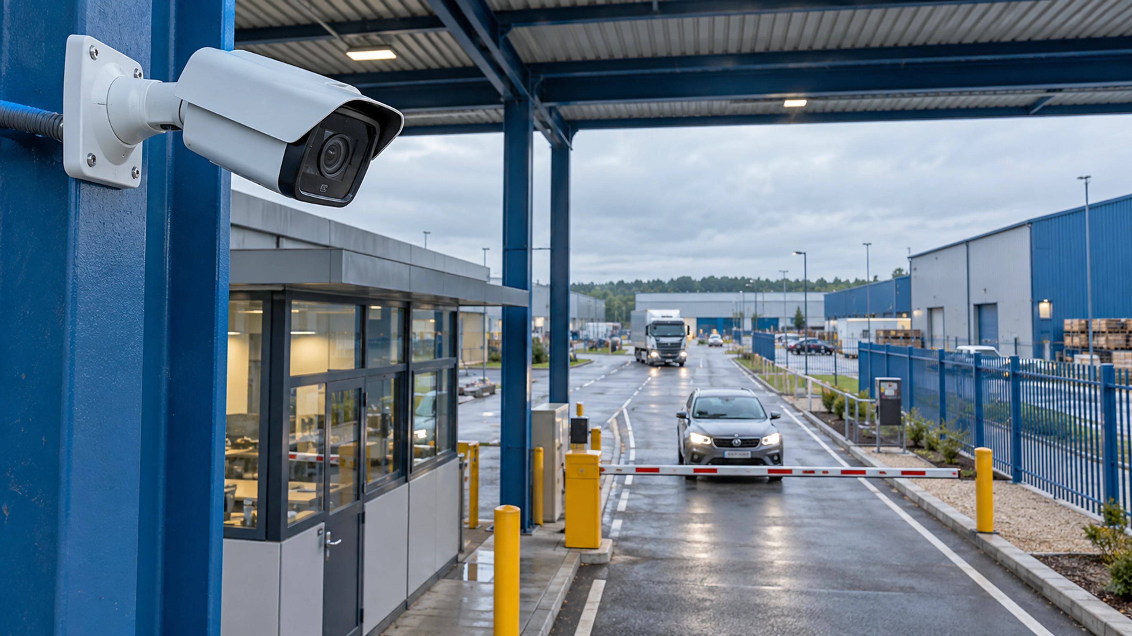 Professional network security camera installed at a facility entrance.
