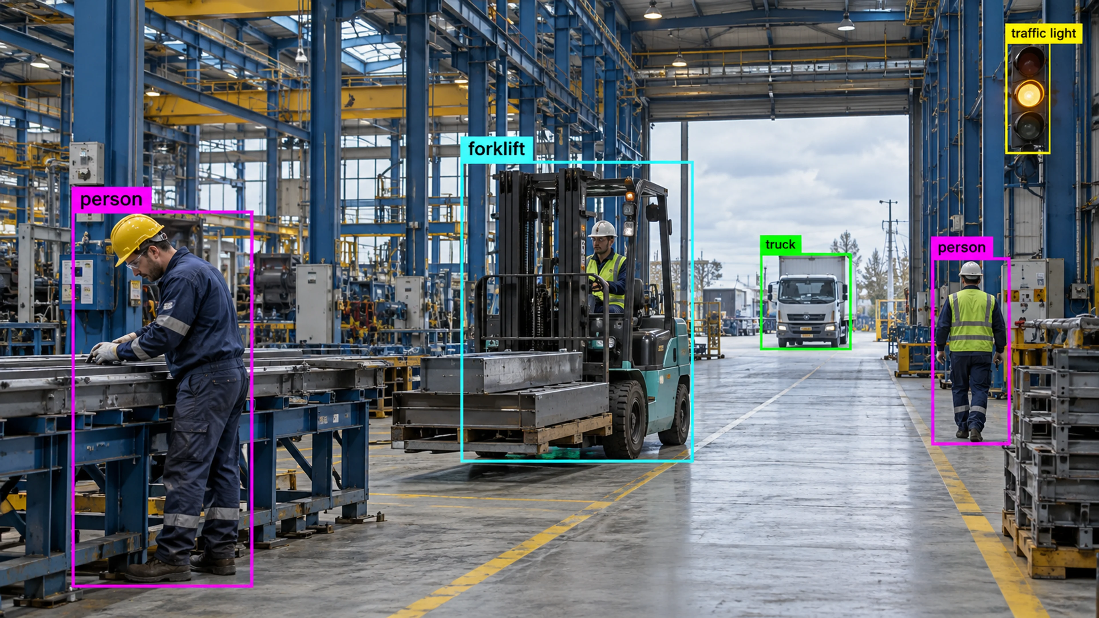 Factory production area with technicians and industrial machinery. Illustrative object detections.