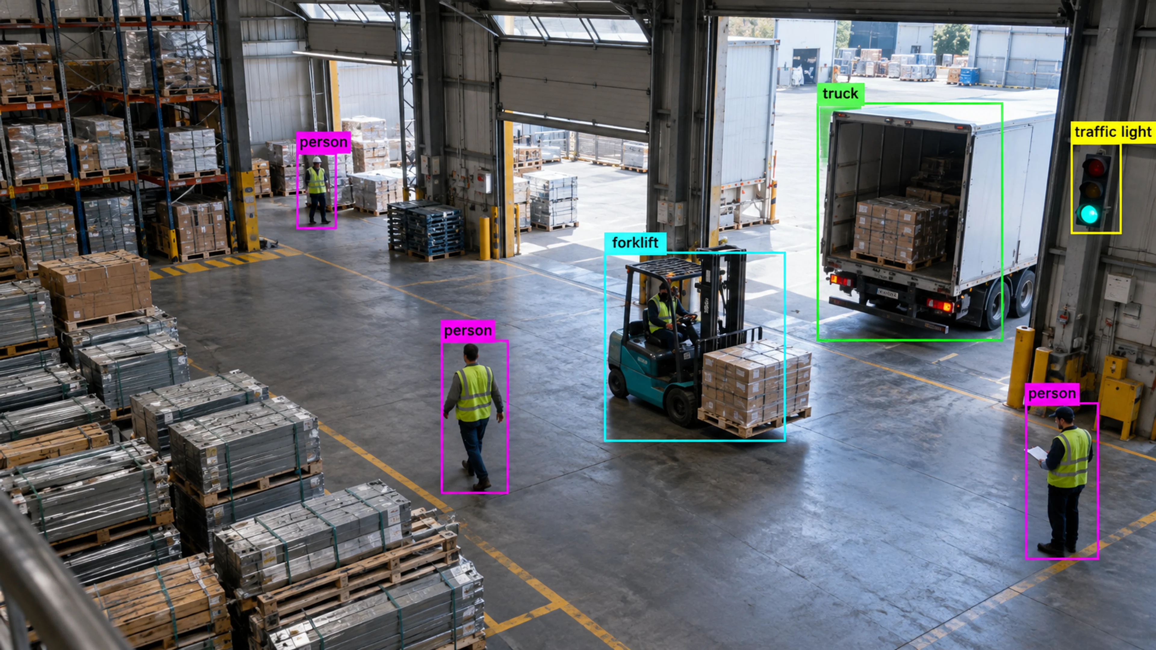 Warehouse loading area with workers, storage and a forklift. Illustrative object detections.