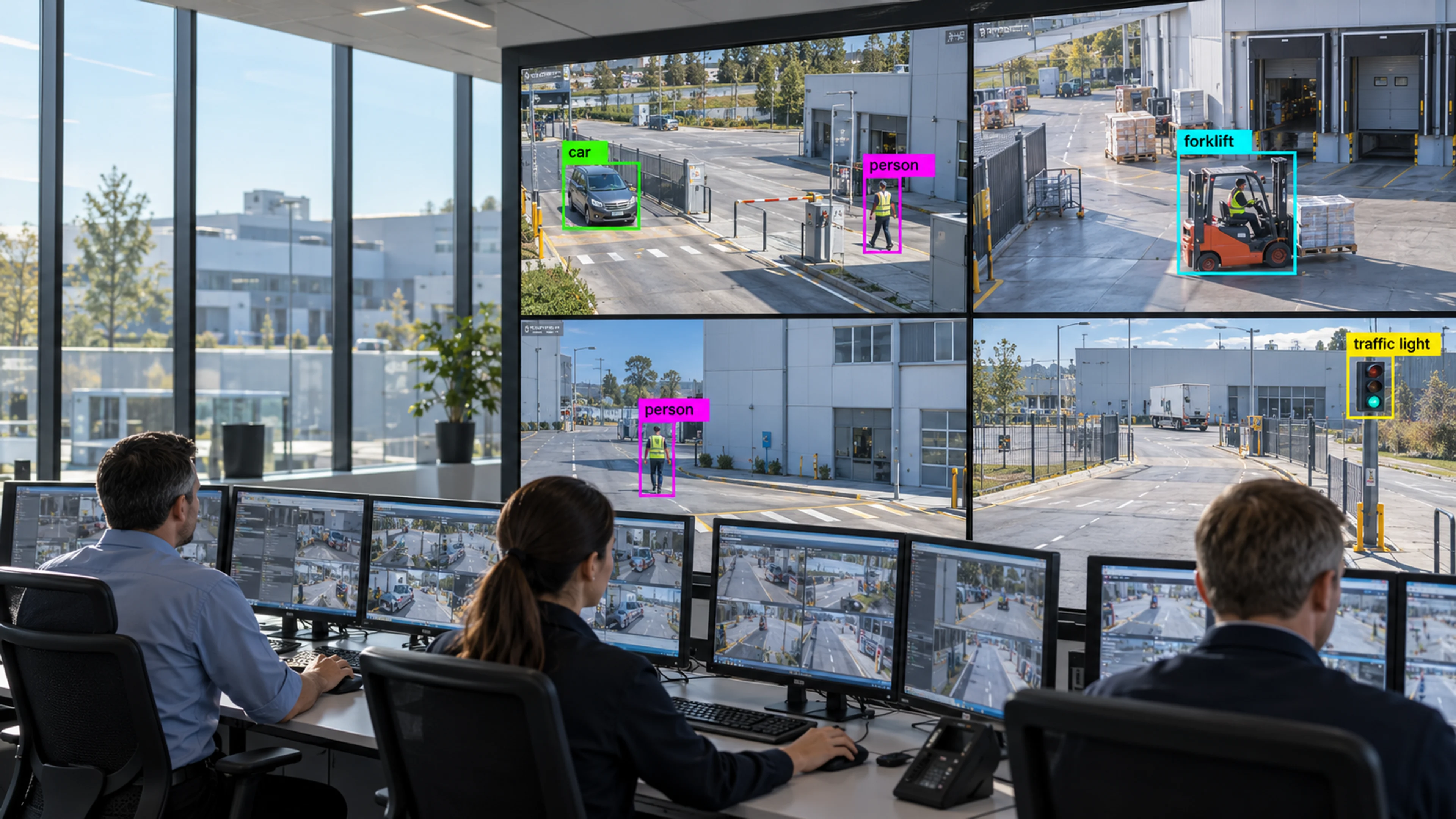 Operations staff reviewing camera views at monitoring workstations. Illustrative object detections.