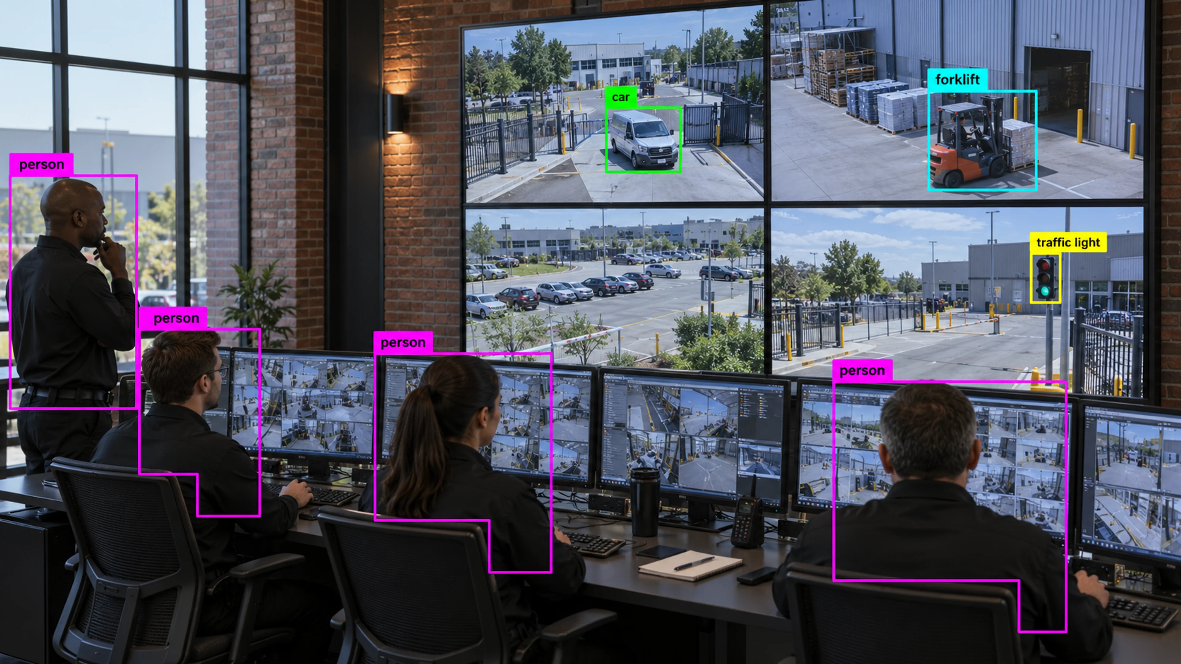 Operations staff reviewing camera views at monitoring workstations. Illustrative object detections.