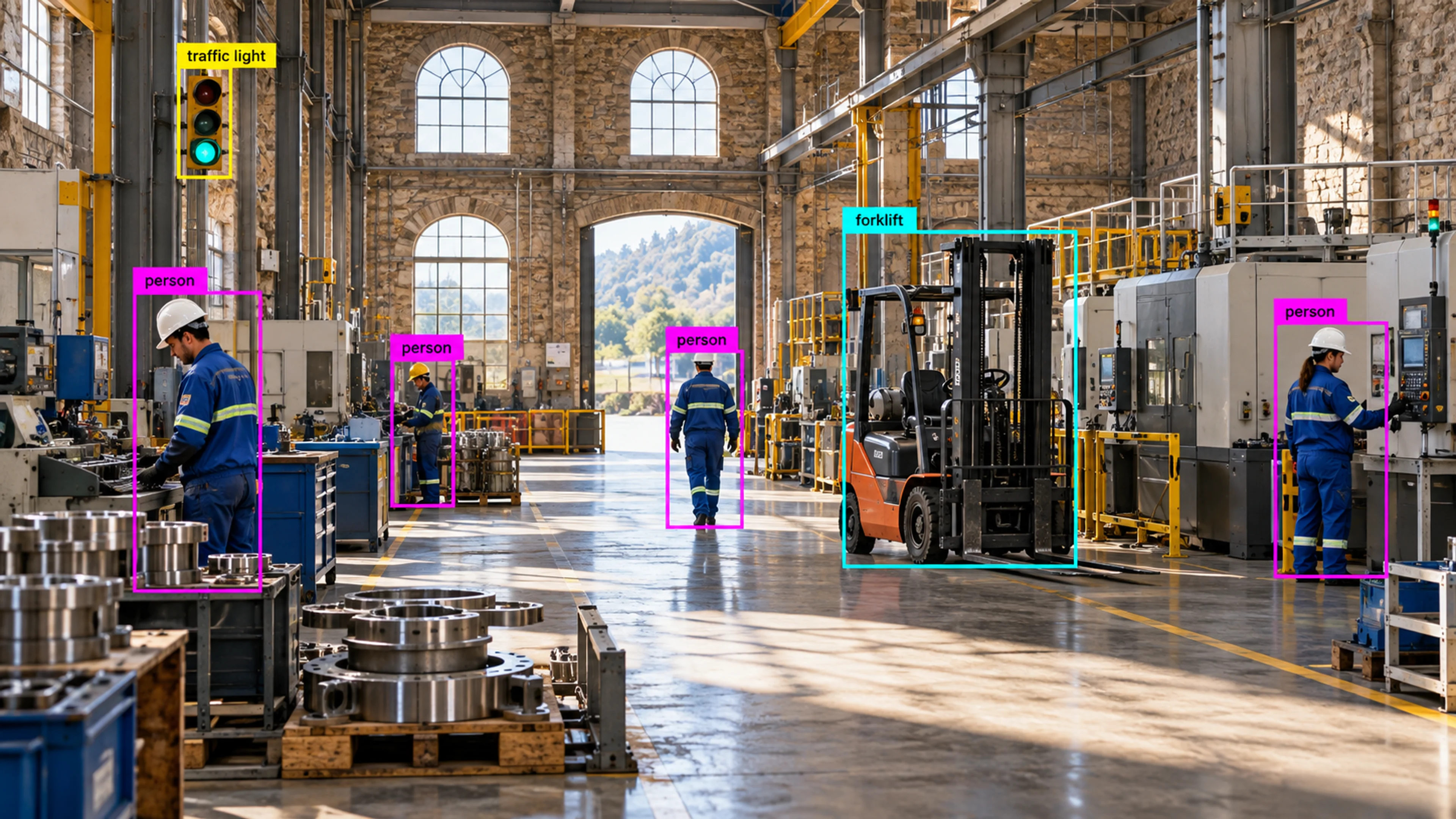 Factory production area with technicians and industrial machinery. Illustrative object detections.