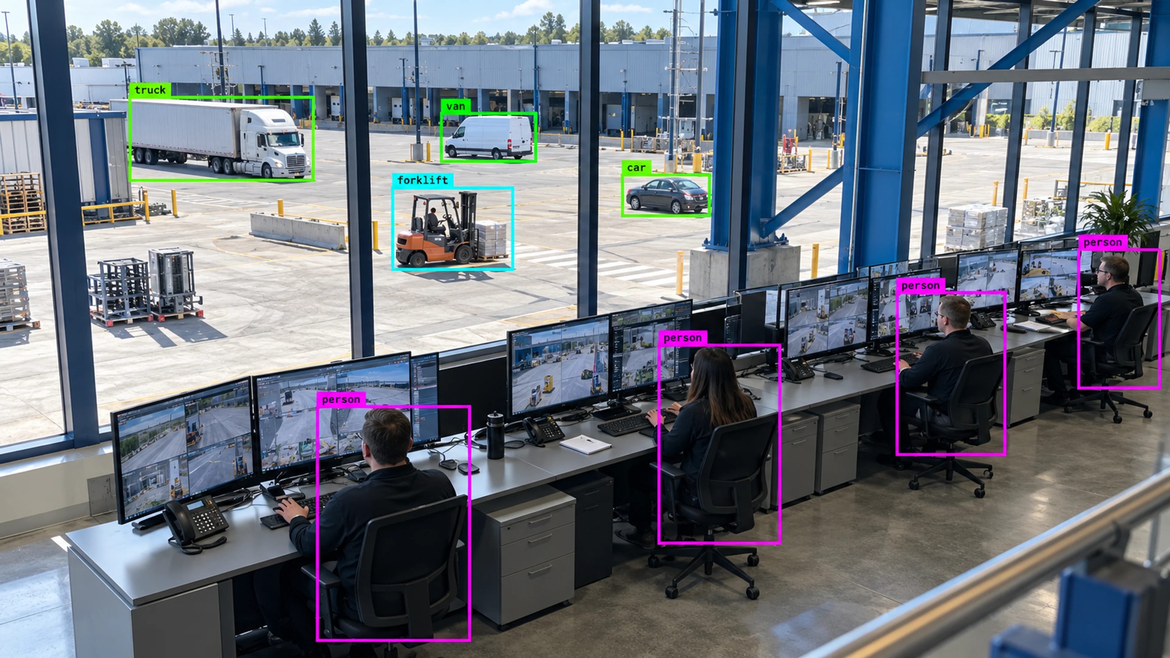 Operations staff reviewing camera views at monitoring workstations. Illustrative object detections.
