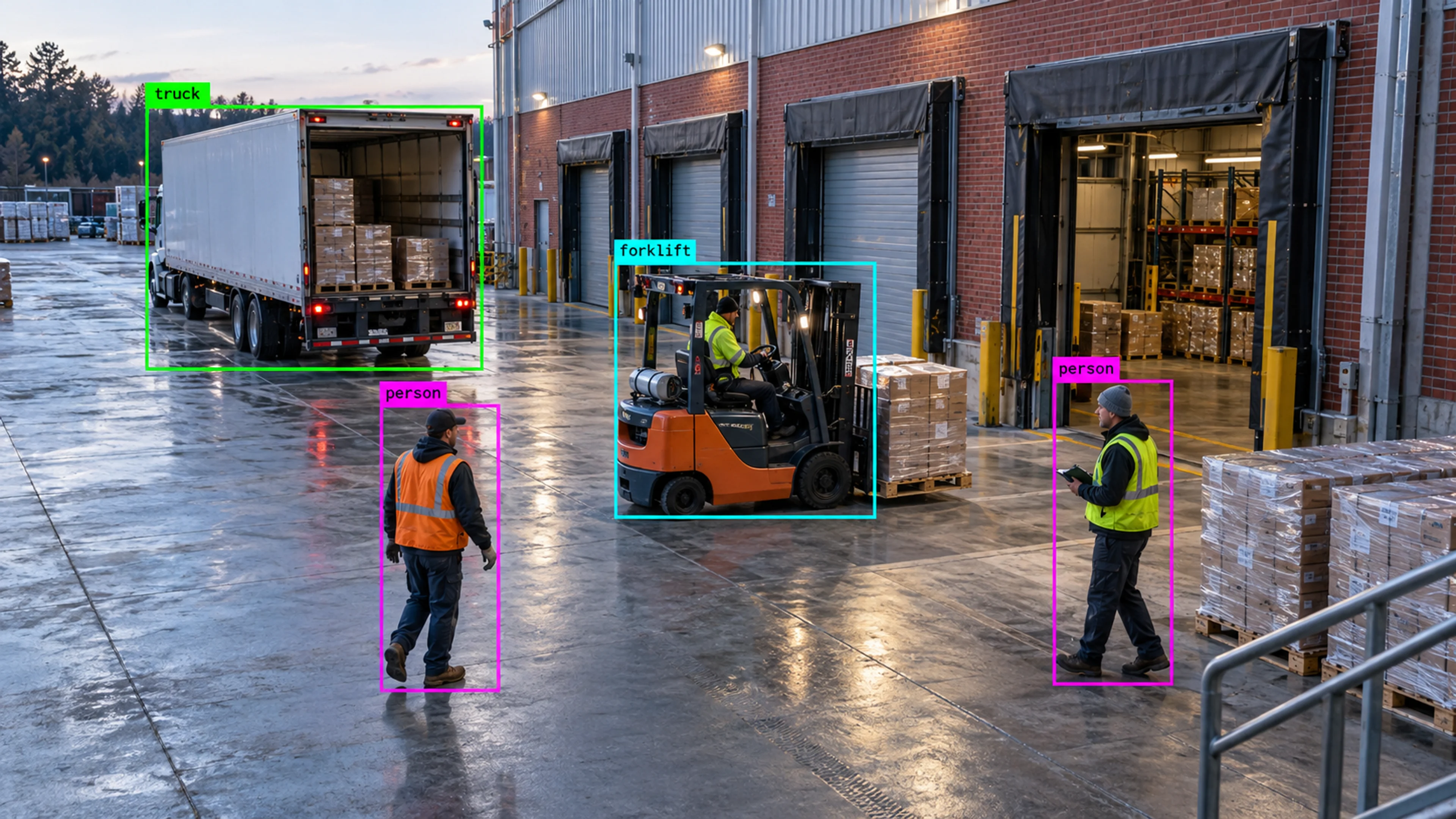 Warehouse loading area with workers, storage and a forklift. Illustrative object detections.
