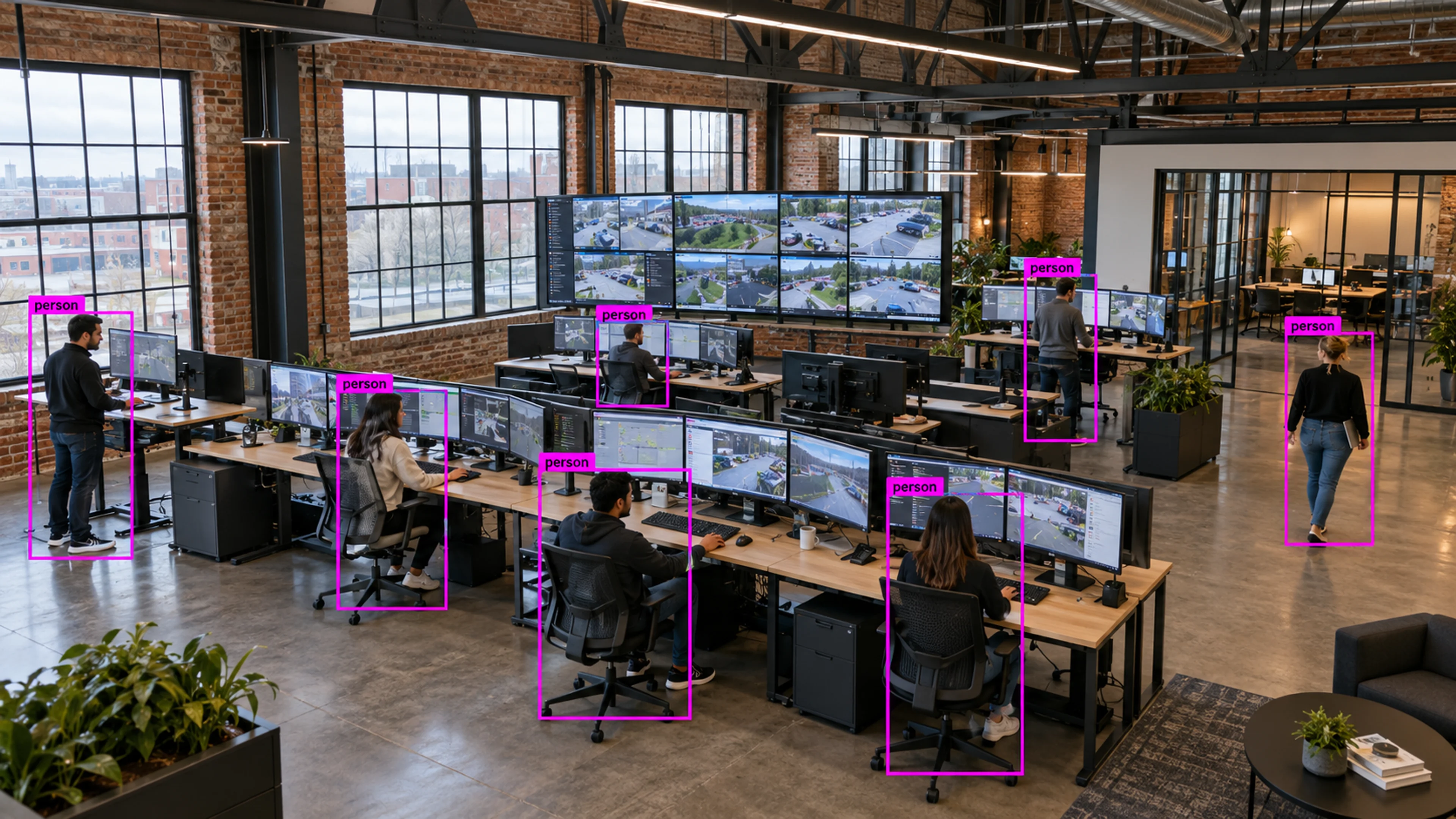 Operations staff reviewing camera views at monitoring workstations. Illustrative object detections.