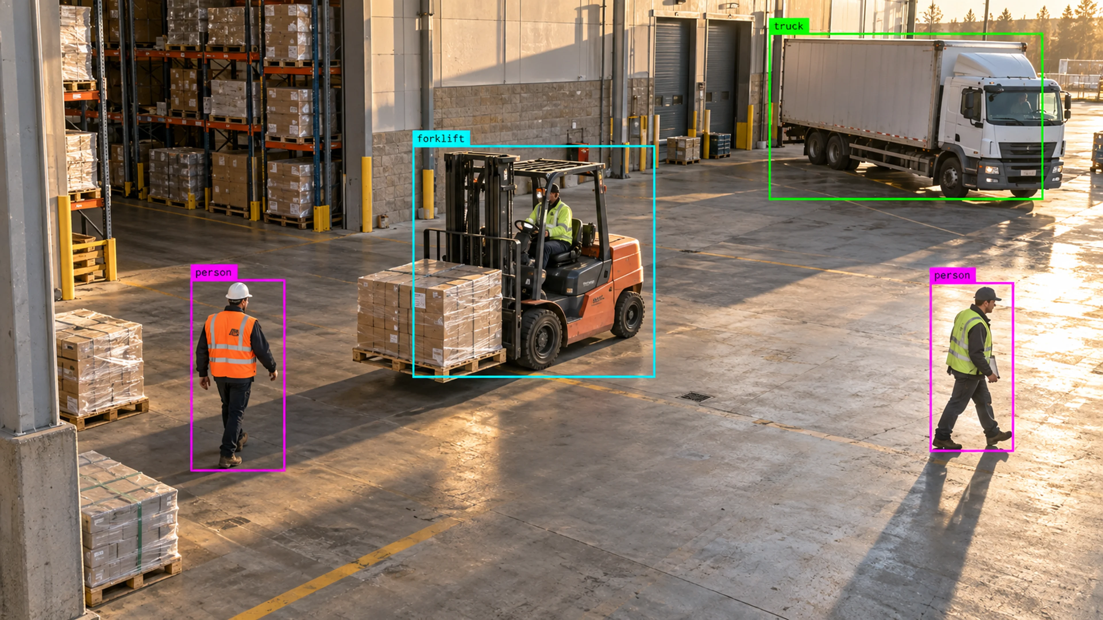 Warehouse loading area with workers, storage and a forklift. Illustrative object detections.