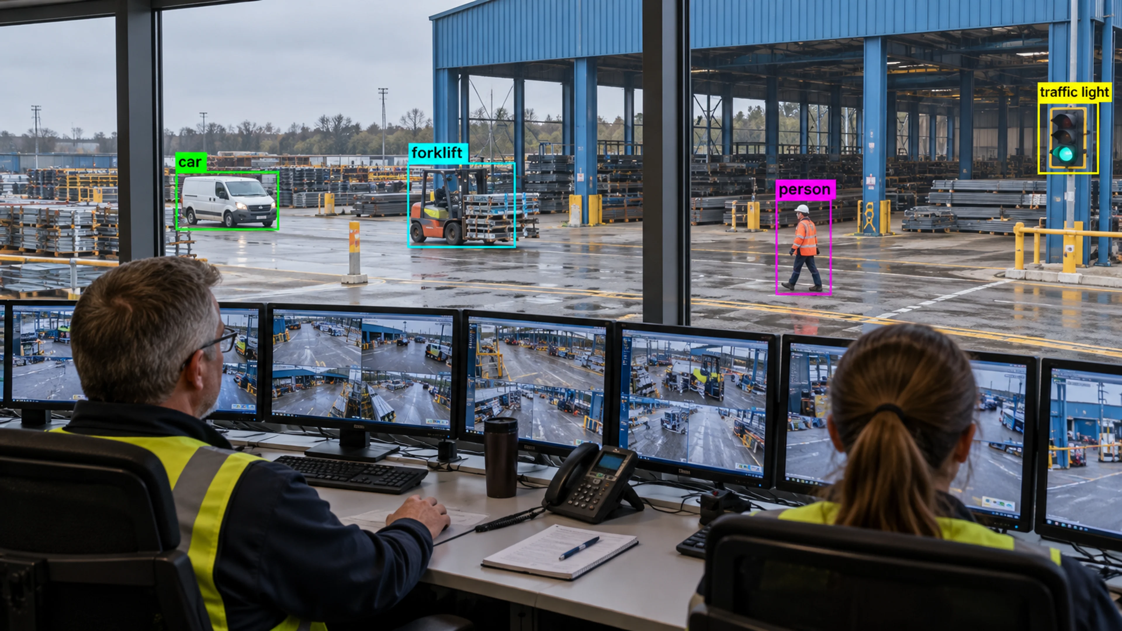 Operations staff reviewing camera views at monitoring workstations. Illustrative object detections.