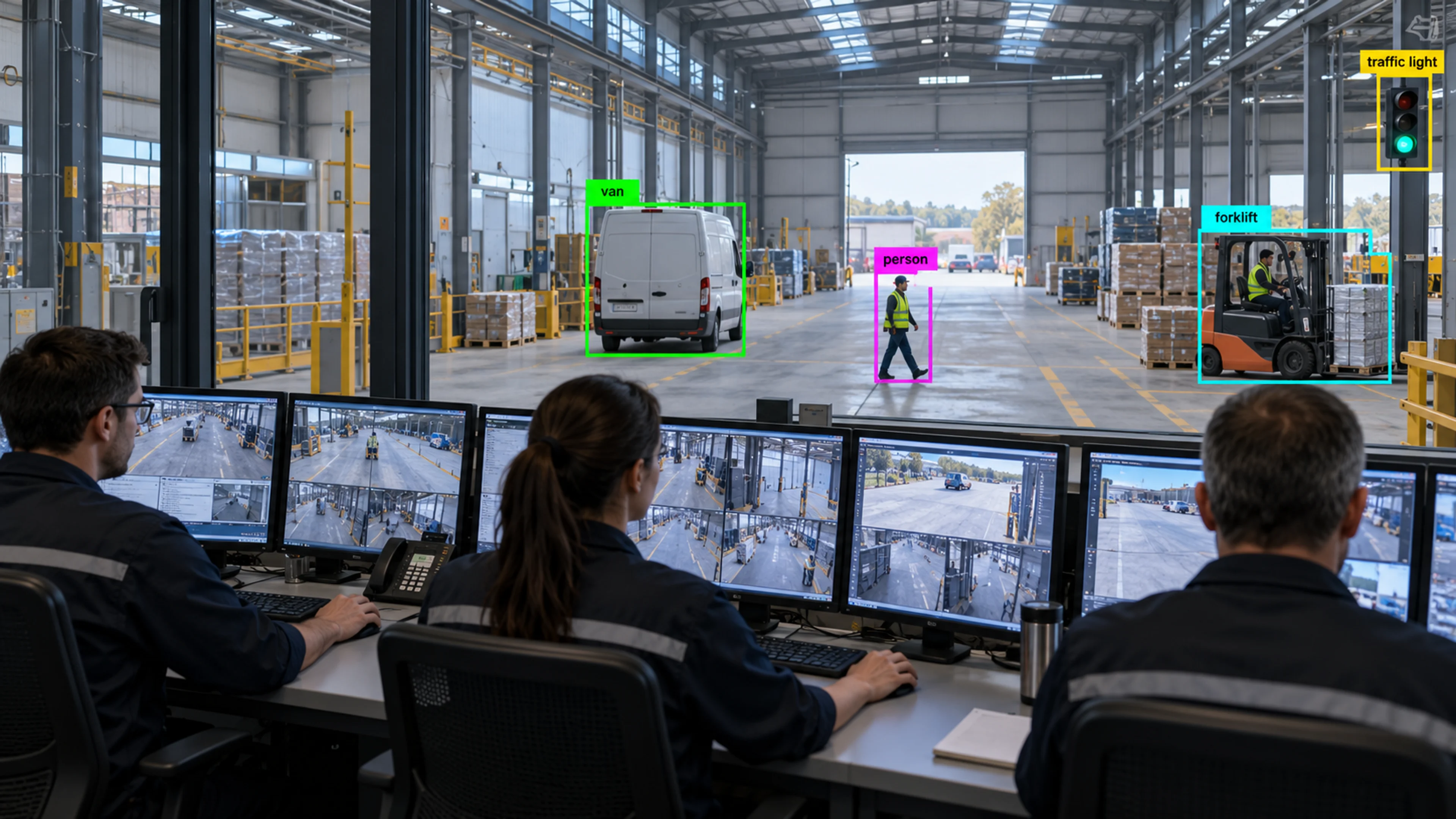 Operations staff reviewing camera views at monitoring workstations. Illustrative object detections.