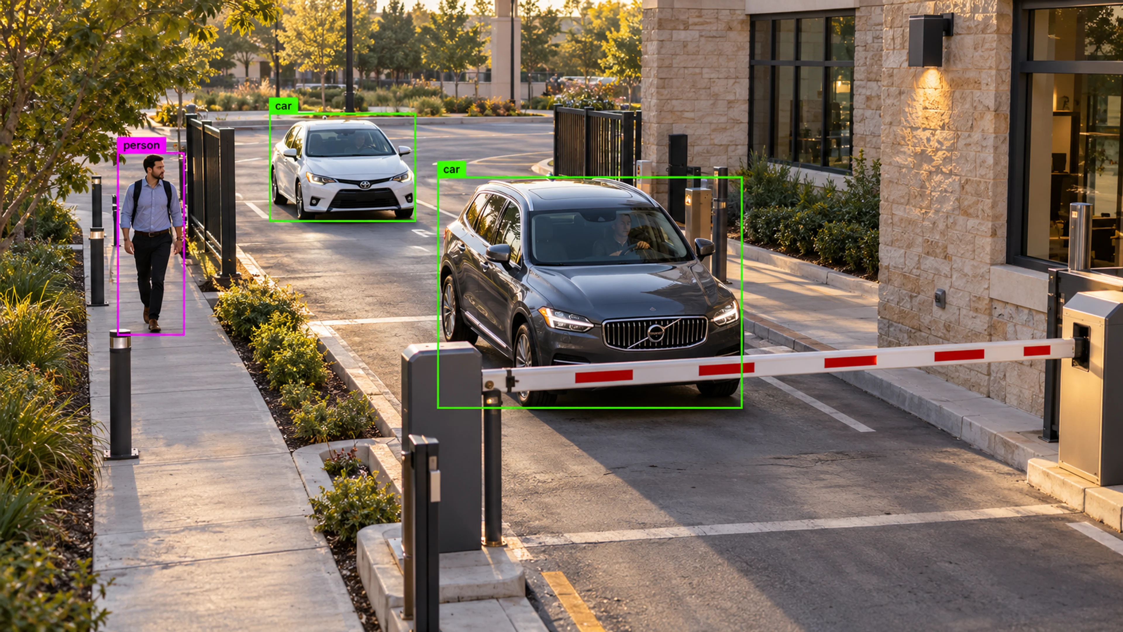 Vehicle access area with cars and a separate pedestrian route. Illustrative object detections.