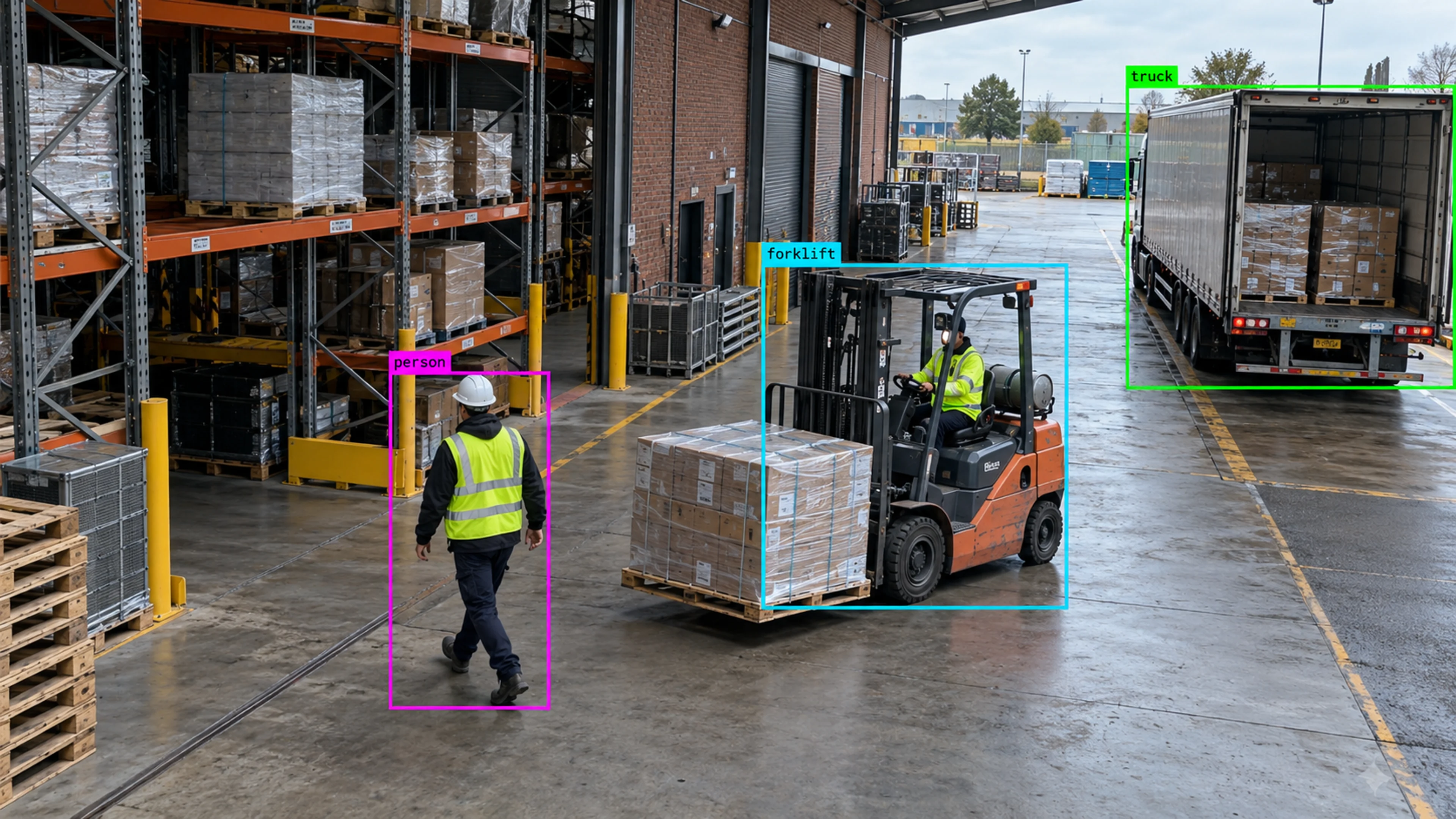 Warehouse loading area with workers, storage and a forklift. Illustrative object detections.