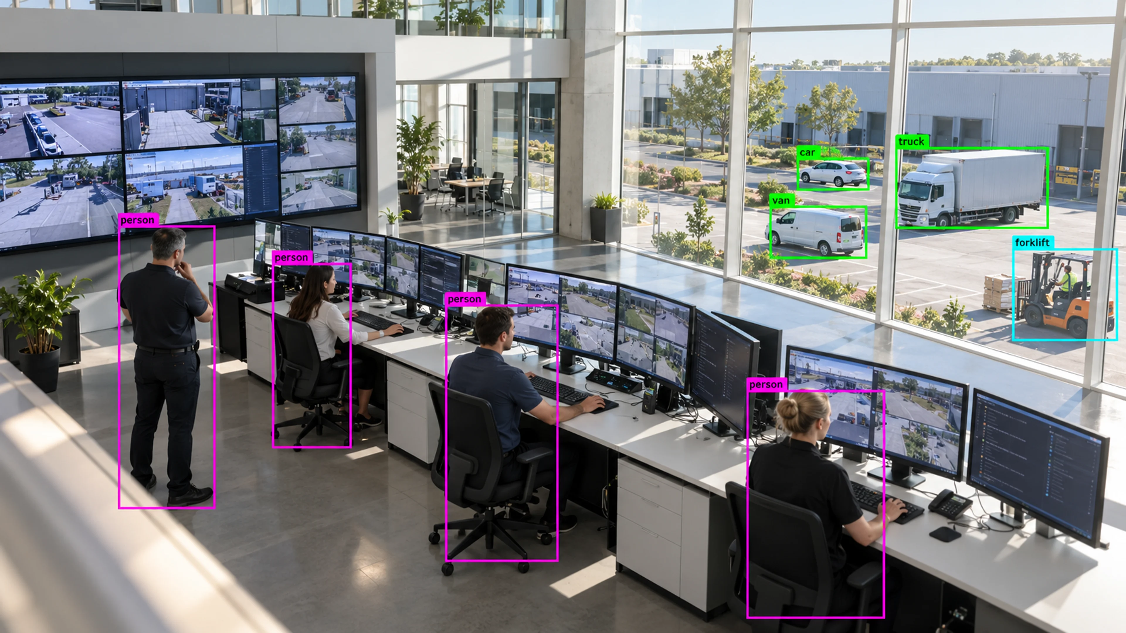 Operations staff reviewing camera views at monitoring workstations. Illustrative object detections.