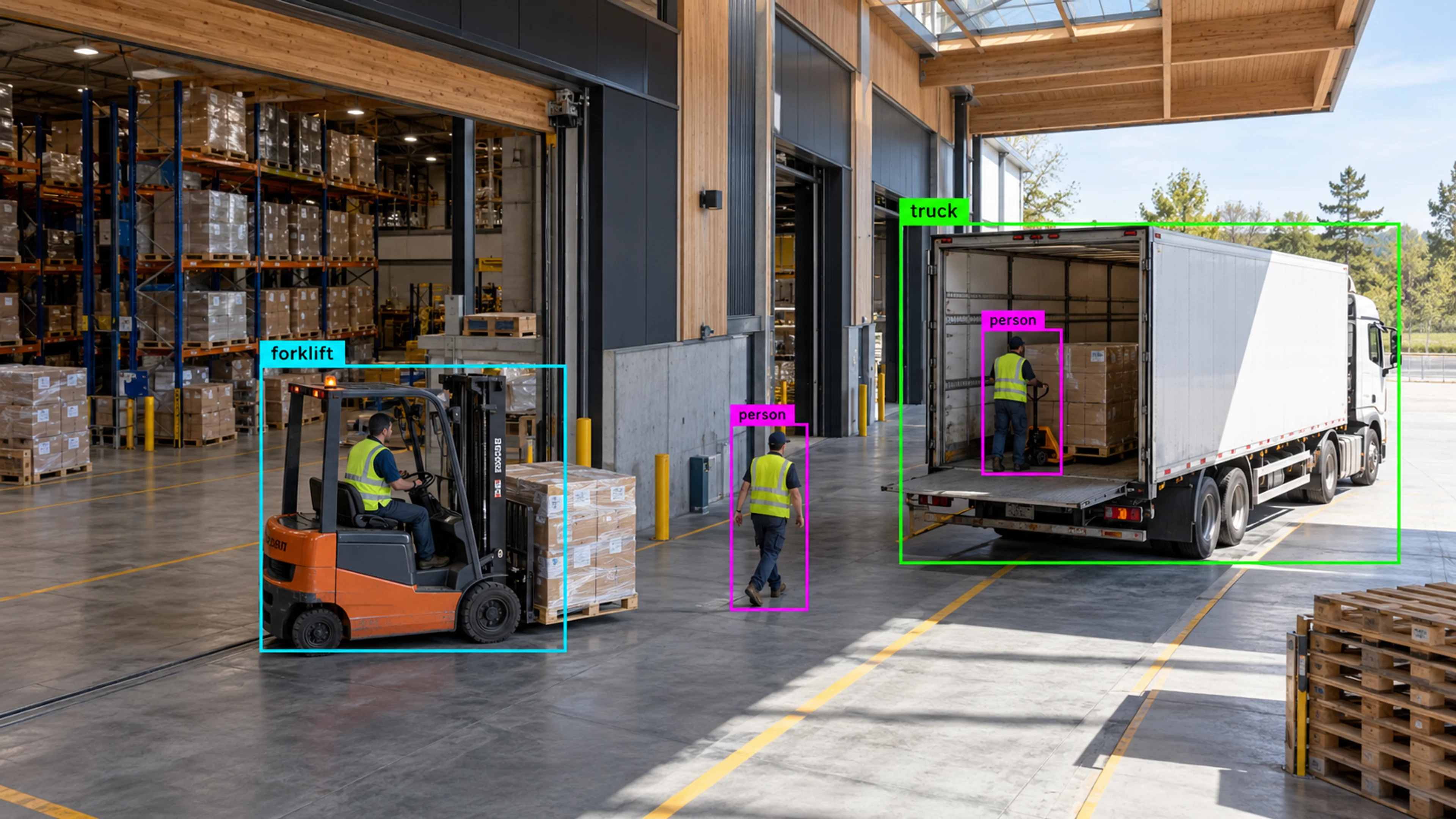 Warehouse loading area with workers, storage and a forklift. Illustrative object detections.