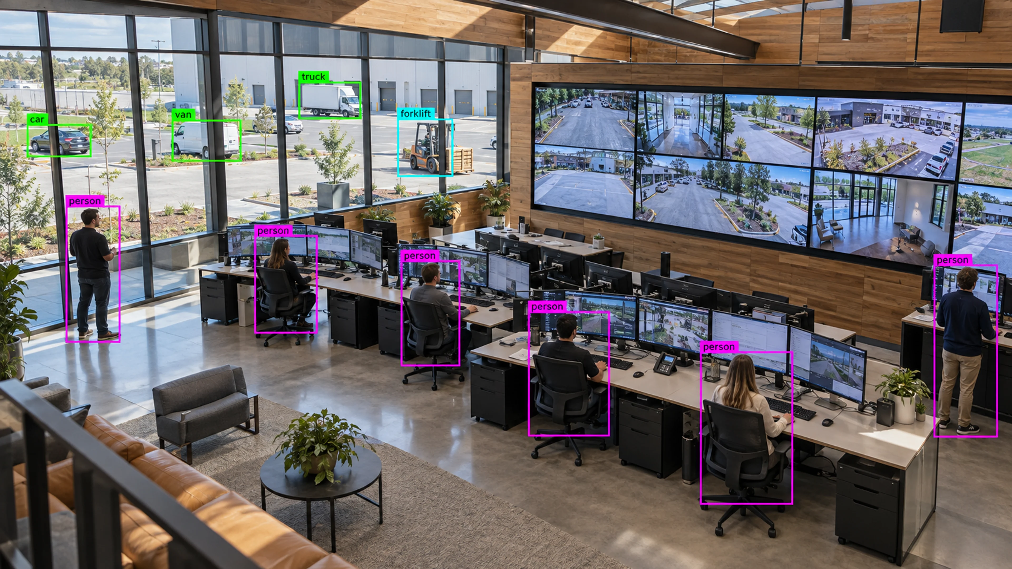 Operations staff reviewing camera views at monitoring workstations. Illustrative object detections.