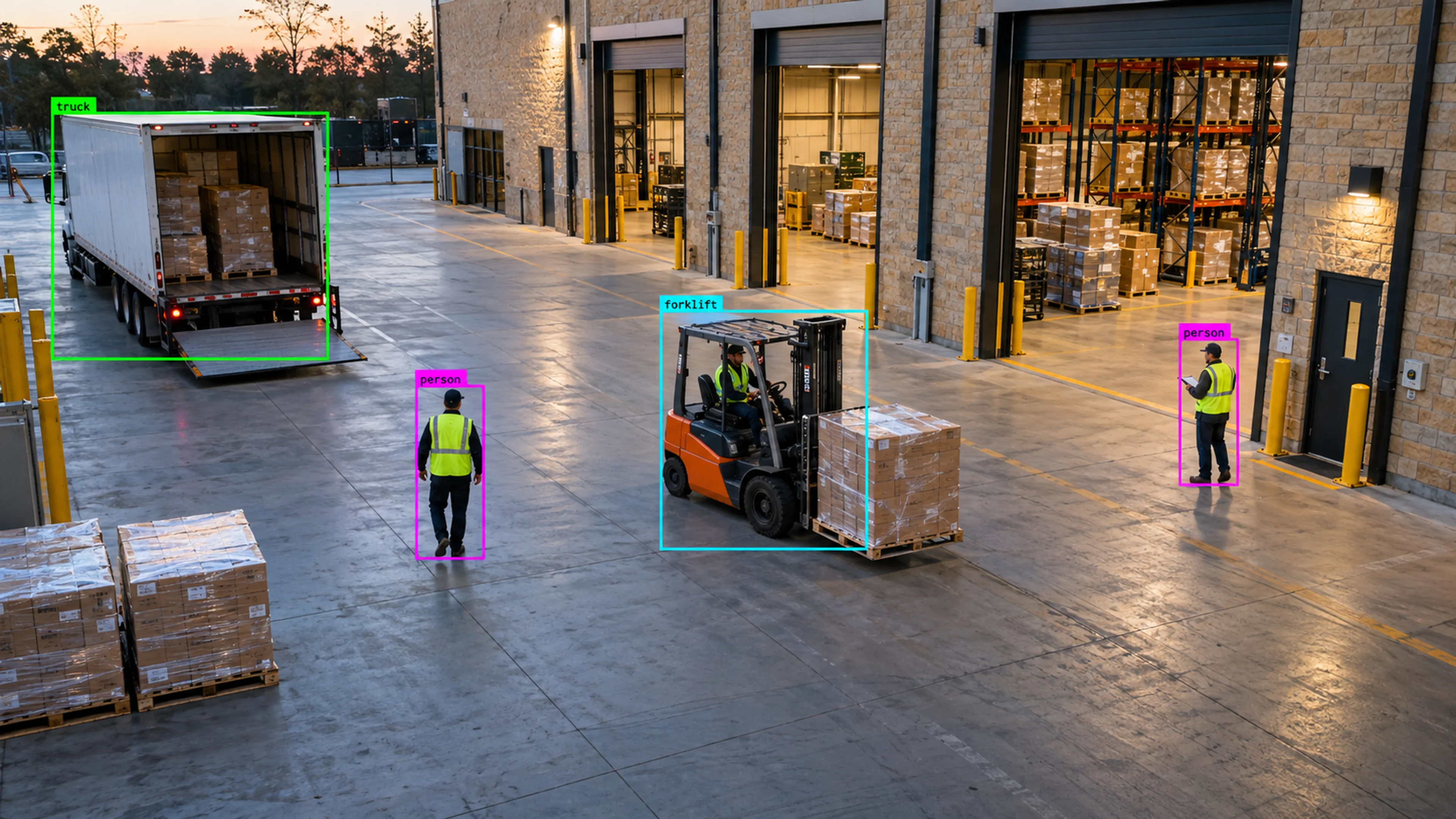 Warehouse loading area with workers, storage and a forklift. Illustrative object detections.