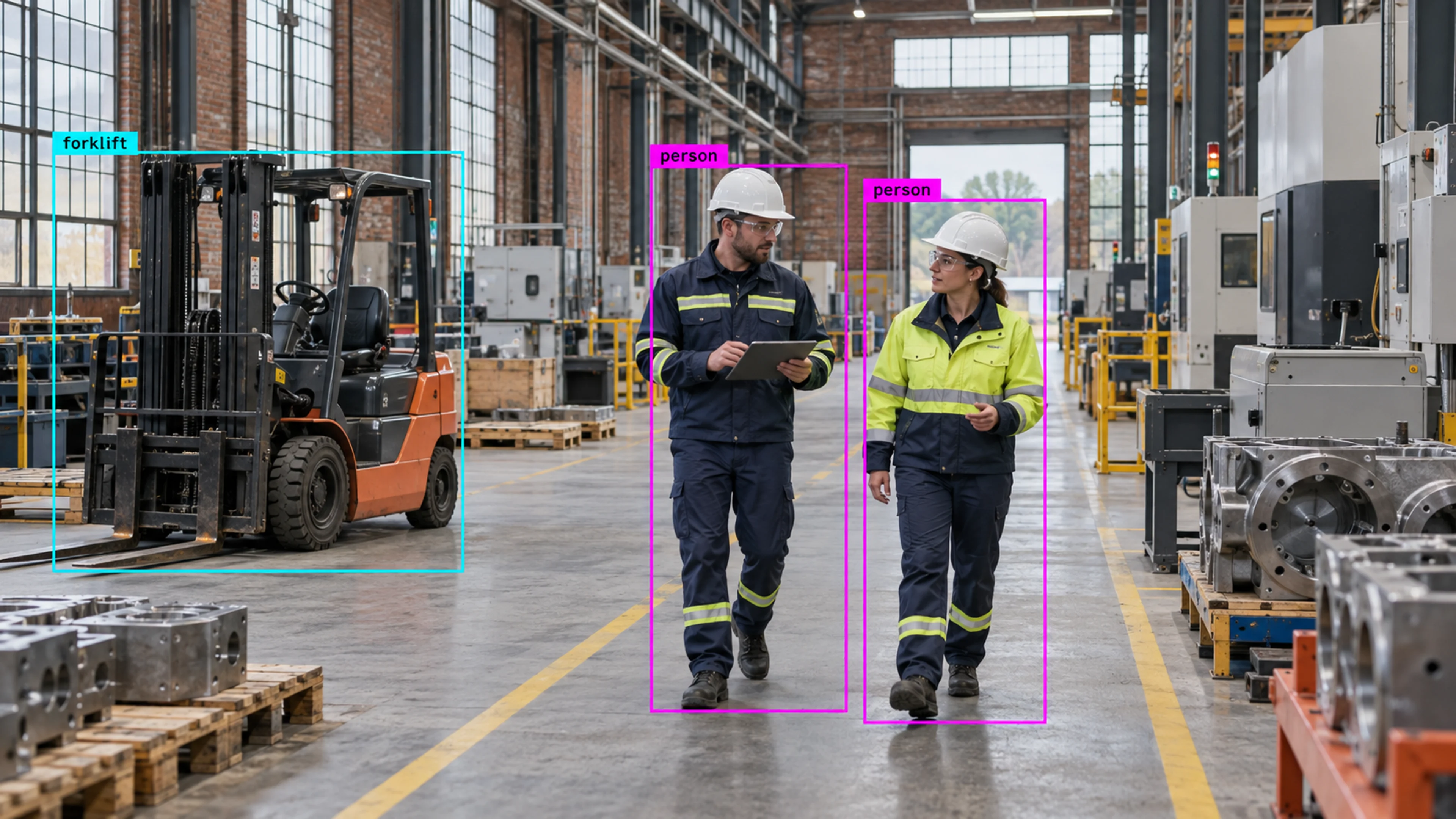 Factory production area with technicians and industrial machinery. Illustrative object detections.