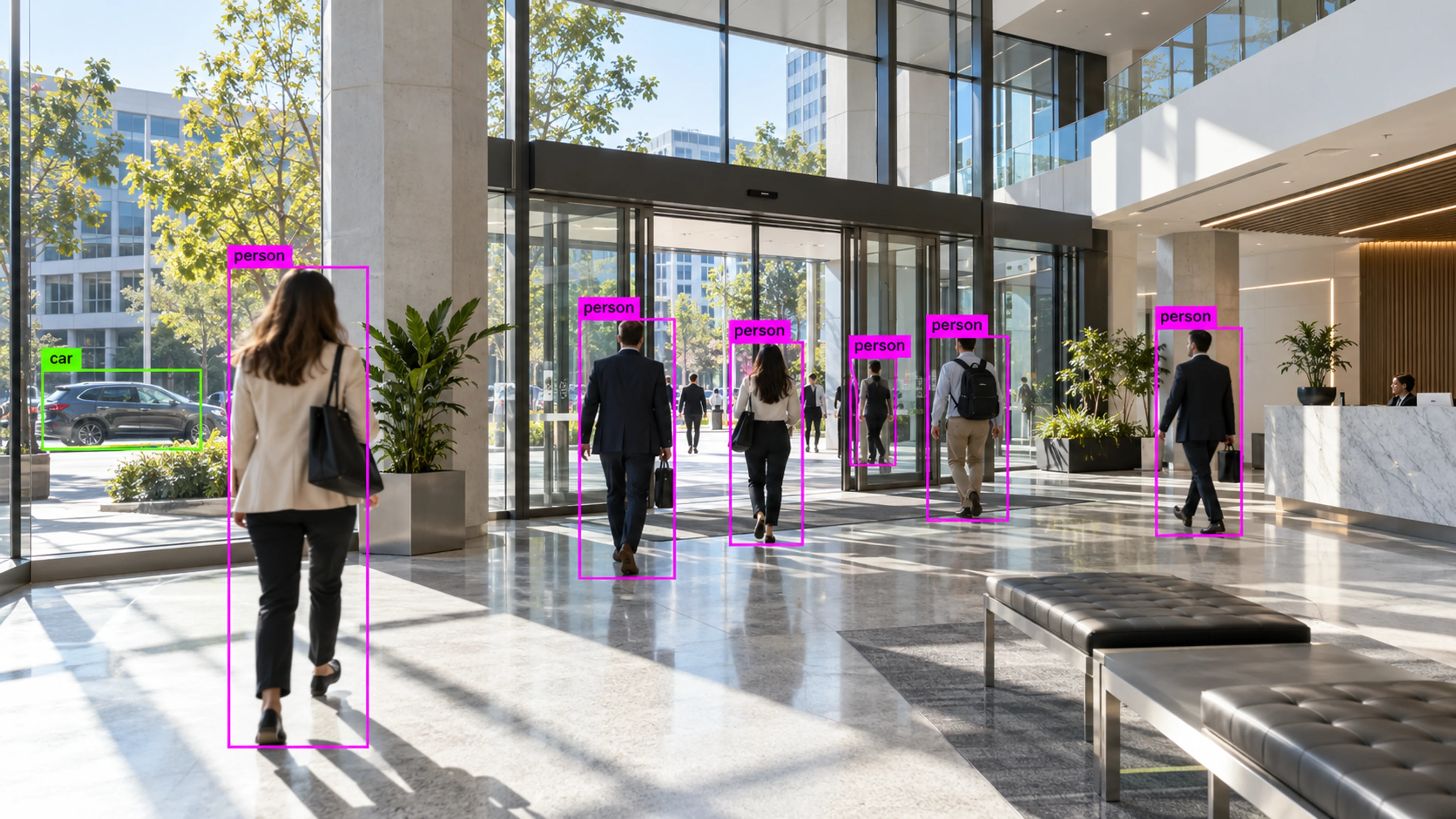 Commercial building circulation area with people walking through the entrance. Illustrative object detections.