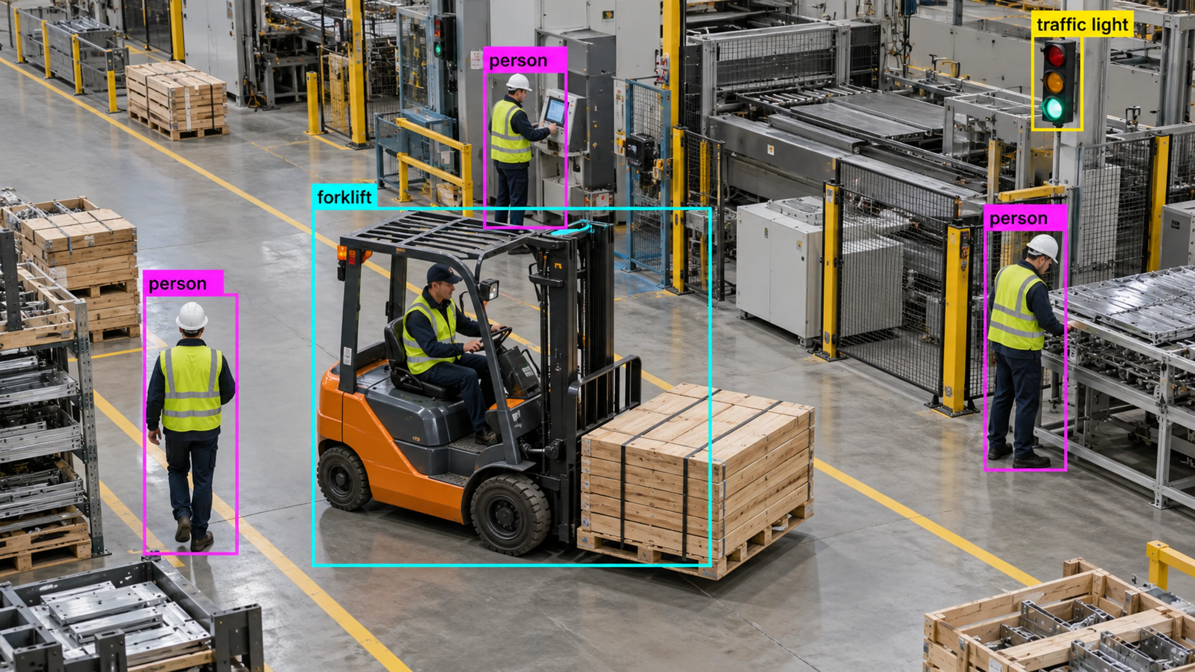 Factory production area with technicians and industrial machinery. Illustrative object detections.