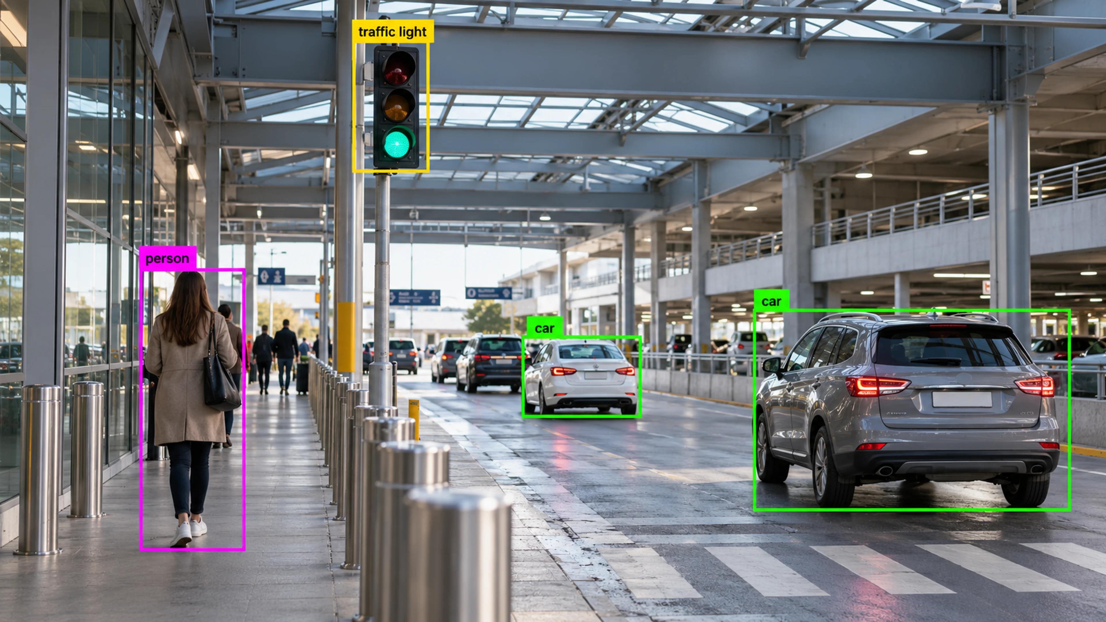 Vehicle access area with cars and a separate pedestrian route. Illustrative object detections.