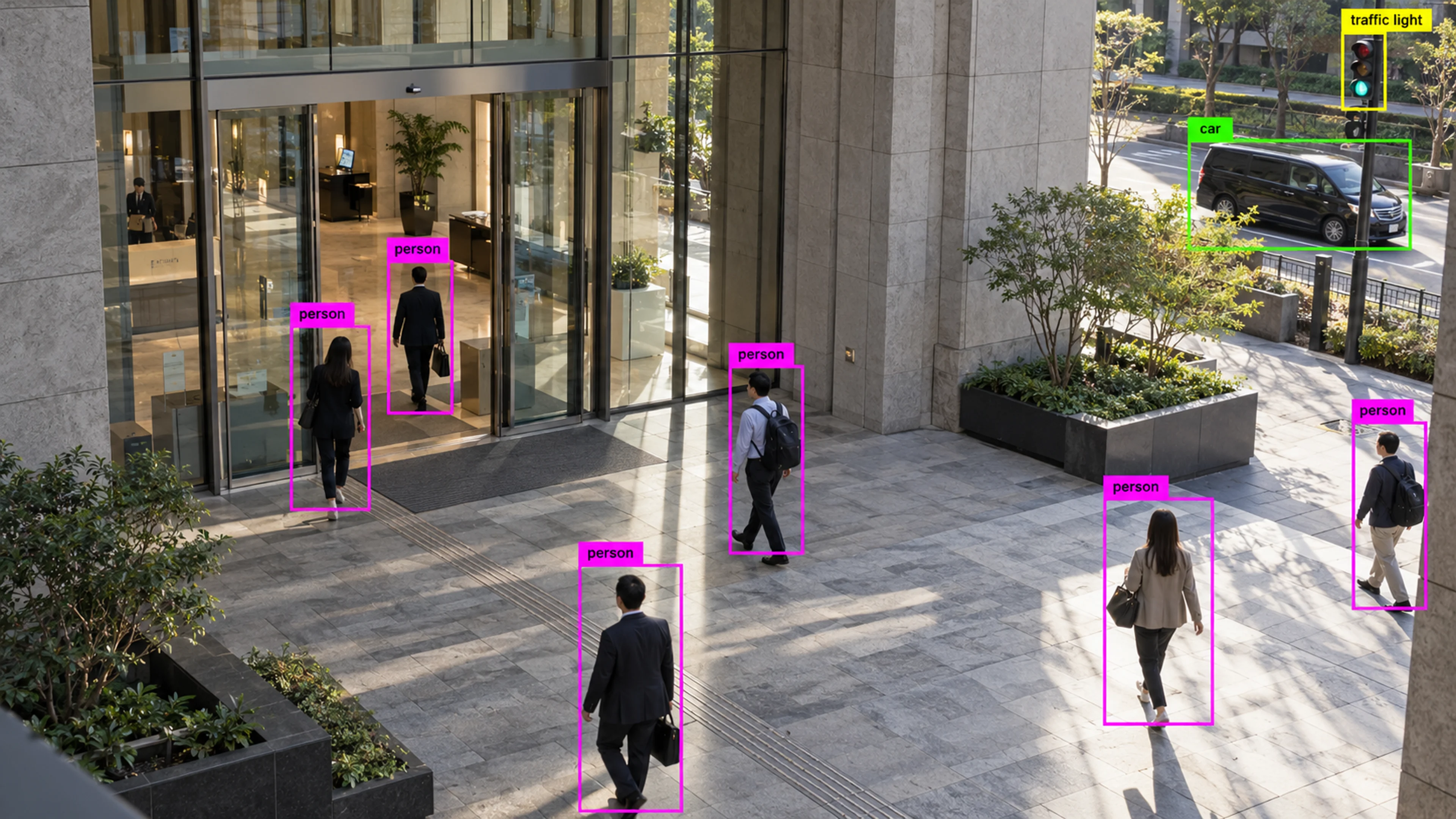 Commercial building circulation area with people walking through the entrance. Illustrative object detections.