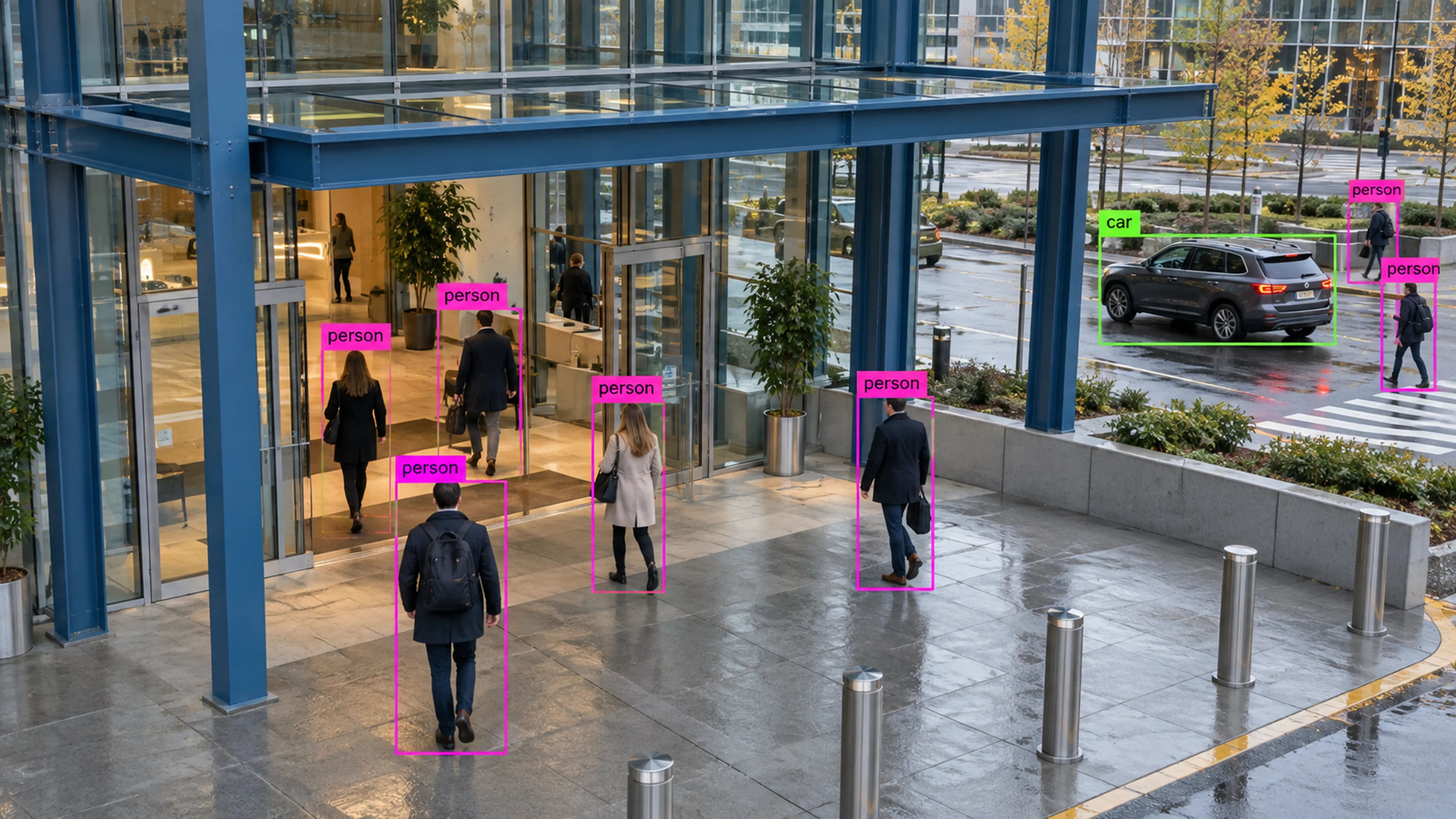 Commercial building circulation area with people walking through the entrance. Illustrative object detections.