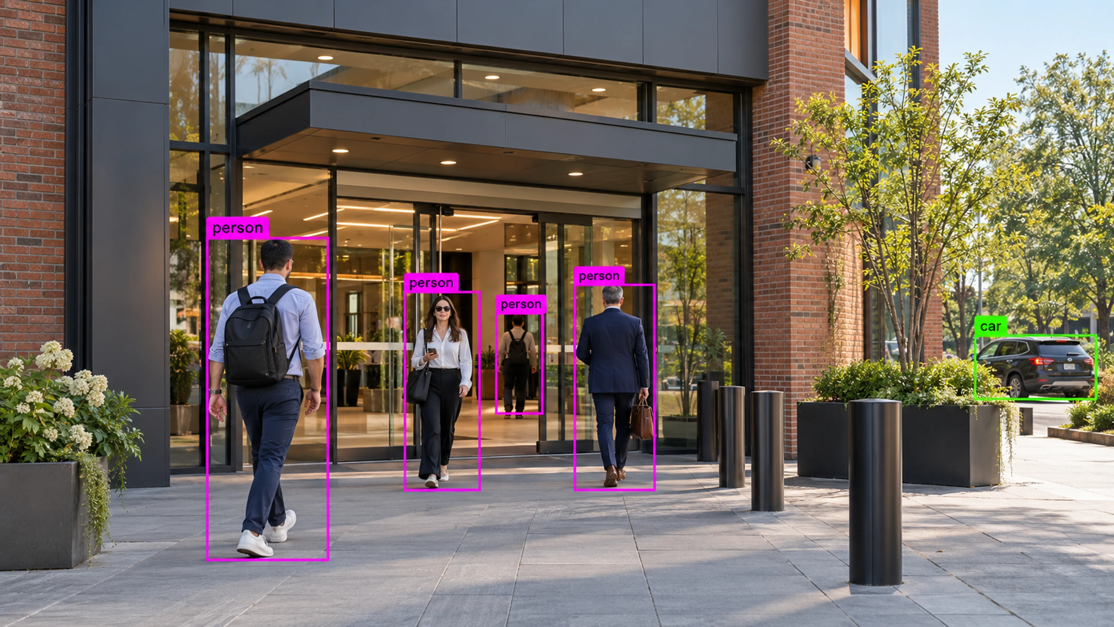 Commercial building circulation area with people walking through the entrance. Illustrative object detections.
