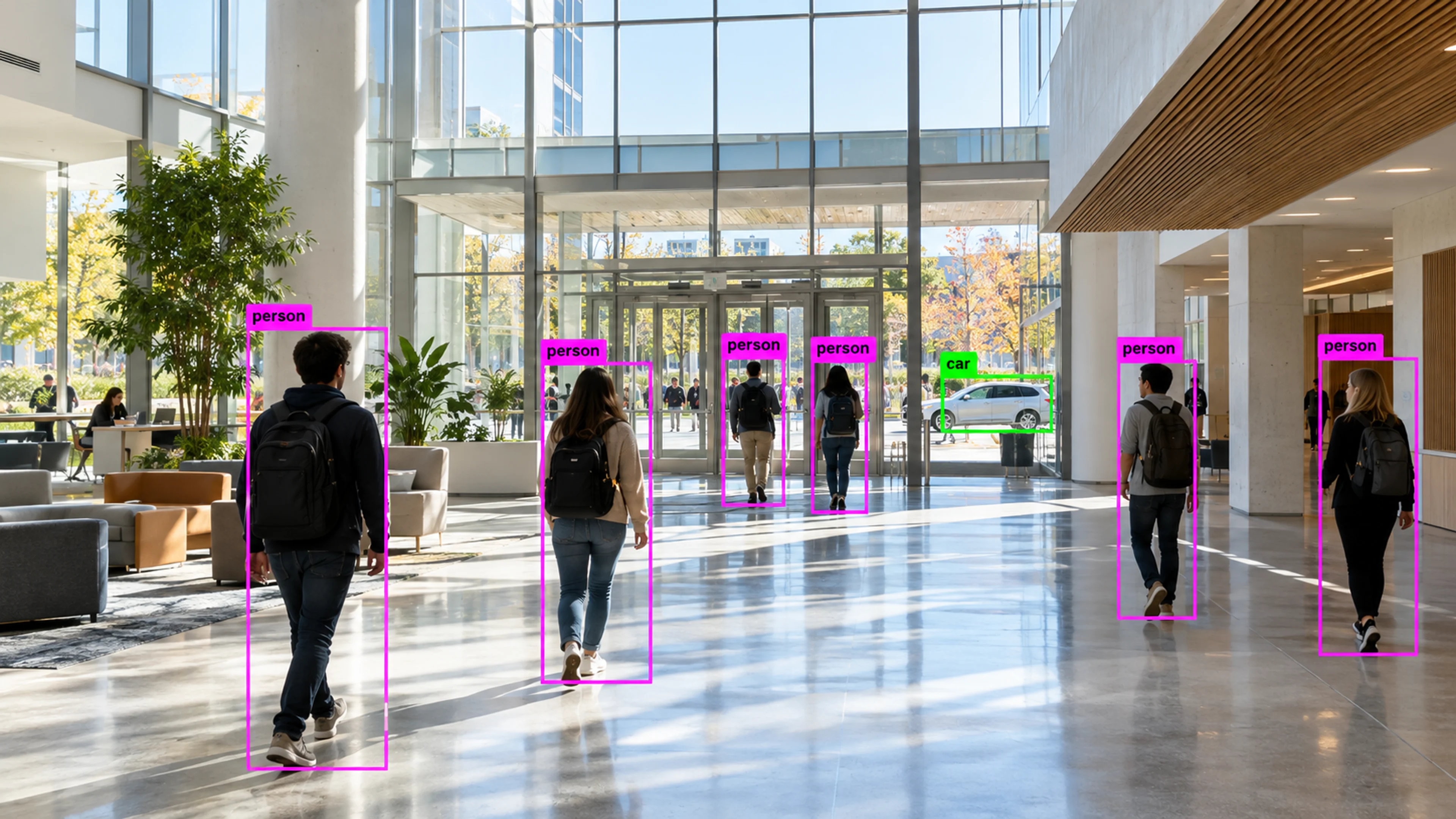Commercial building circulation area with people walking through the entrance. Illustrative object detections.