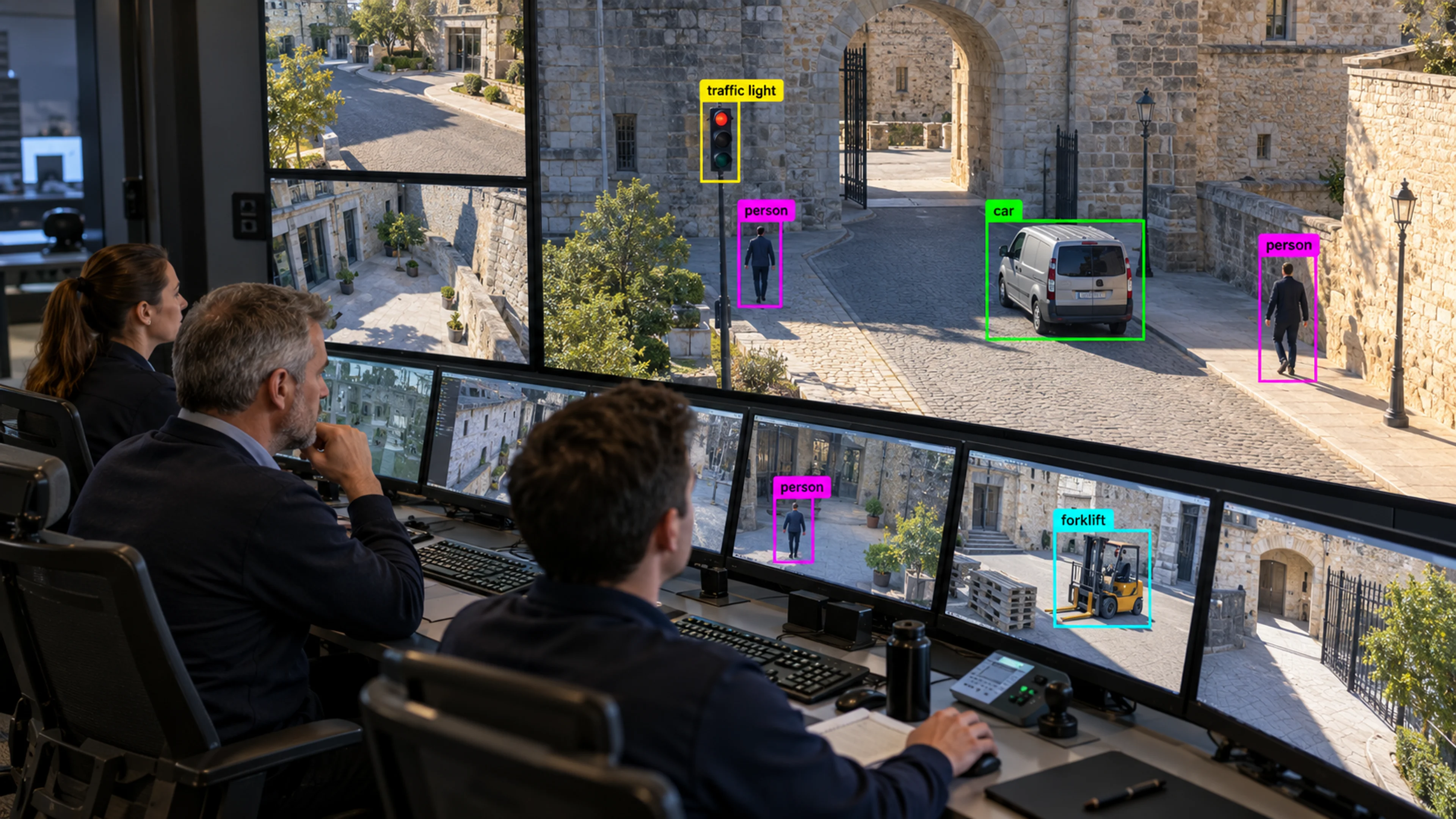 Operations staff reviewing camera views at monitoring workstations. Illustrative object detections.