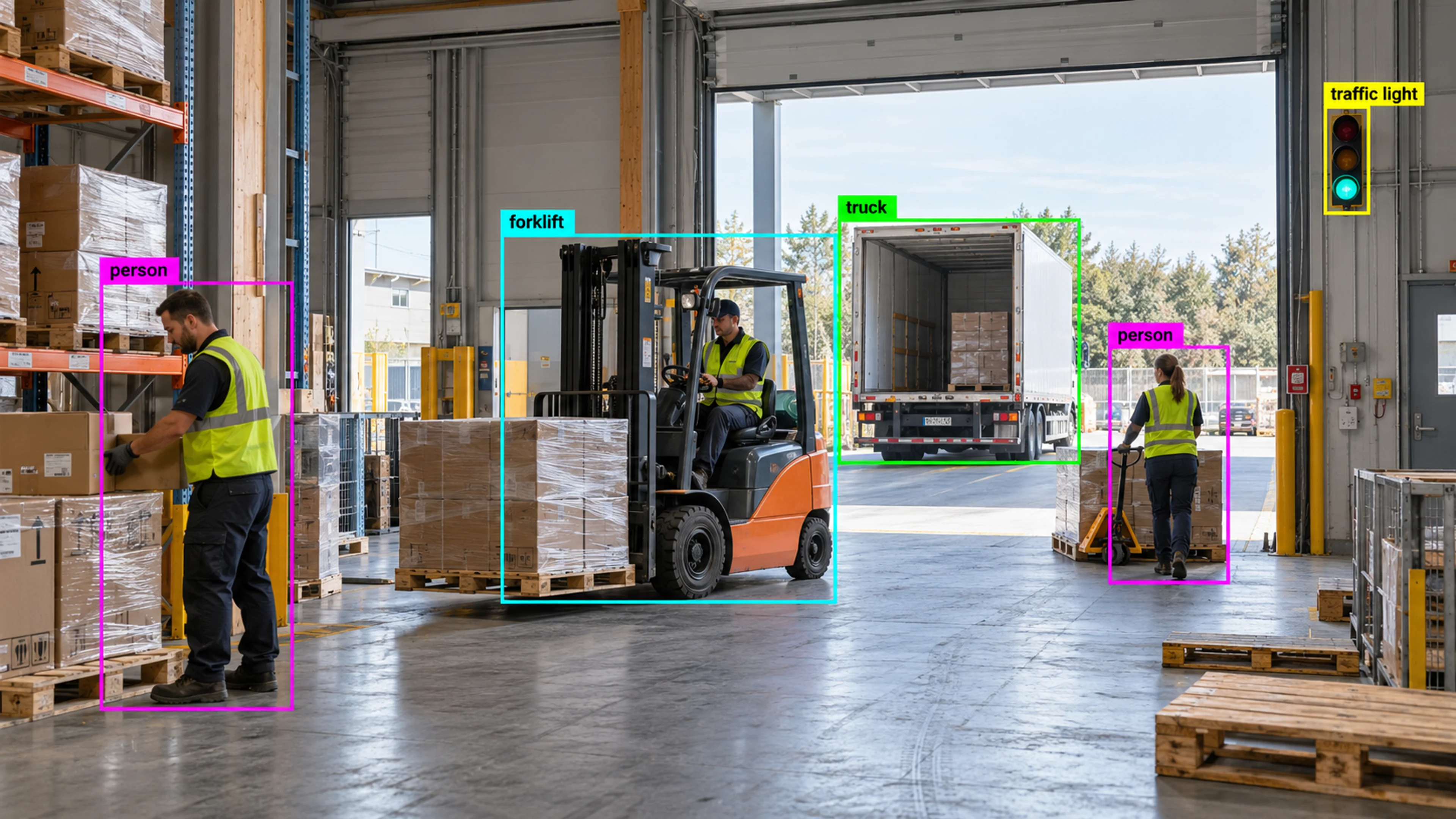 Warehouse loading area with workers, storage and a forklift. Illustrative object detections.