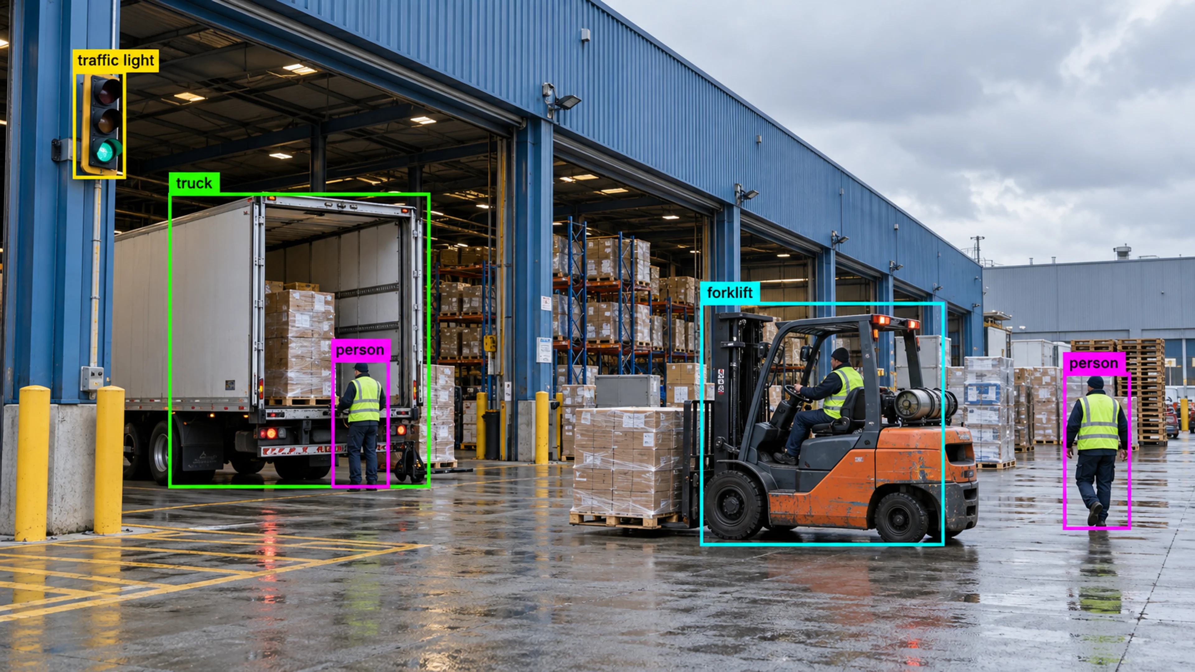 Warehouse loading area with workers, storage and a forklift. Illustrative object detections.