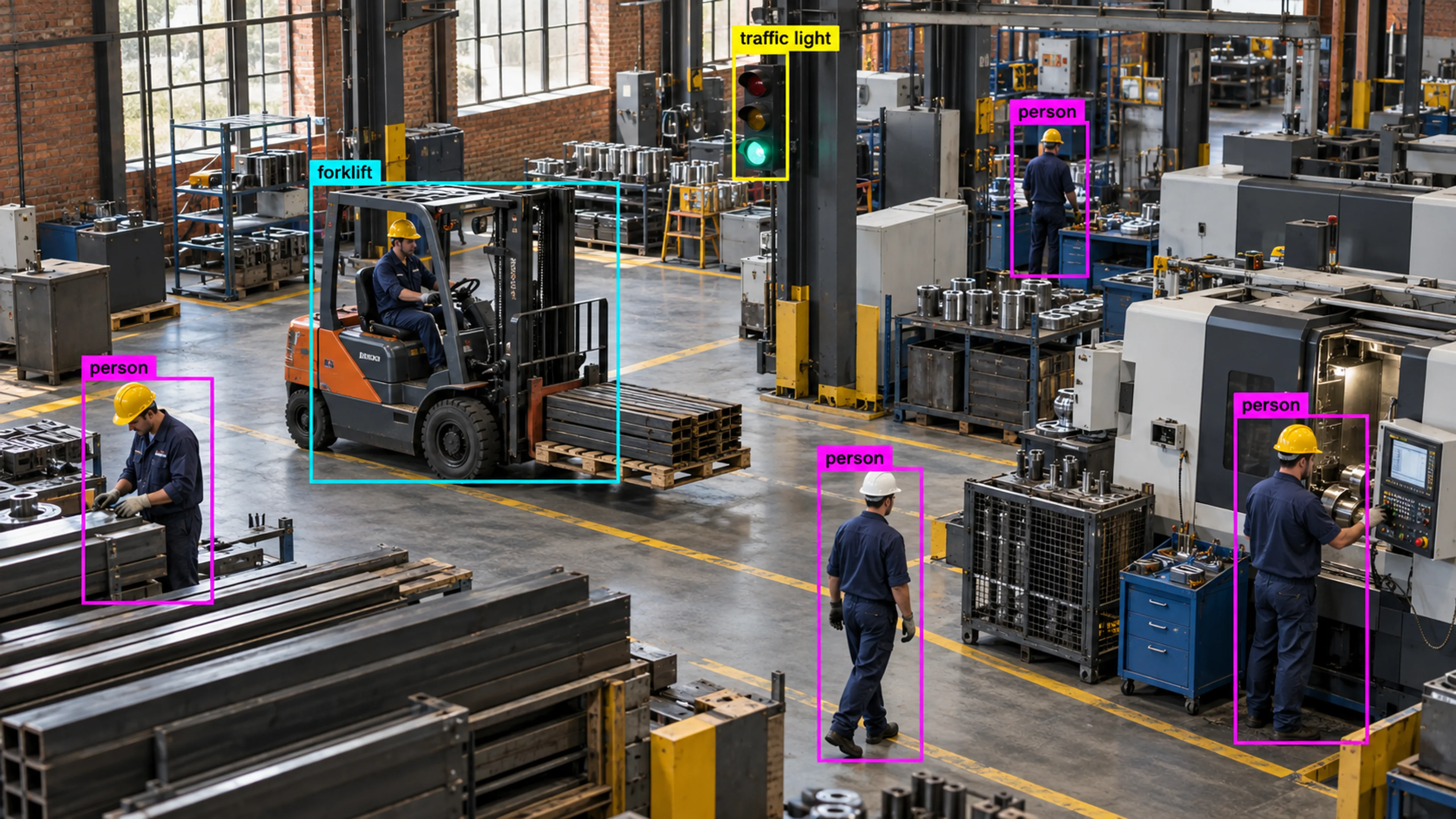 Factory production area with technicians and industrial machinery. Illustrative object detections.
