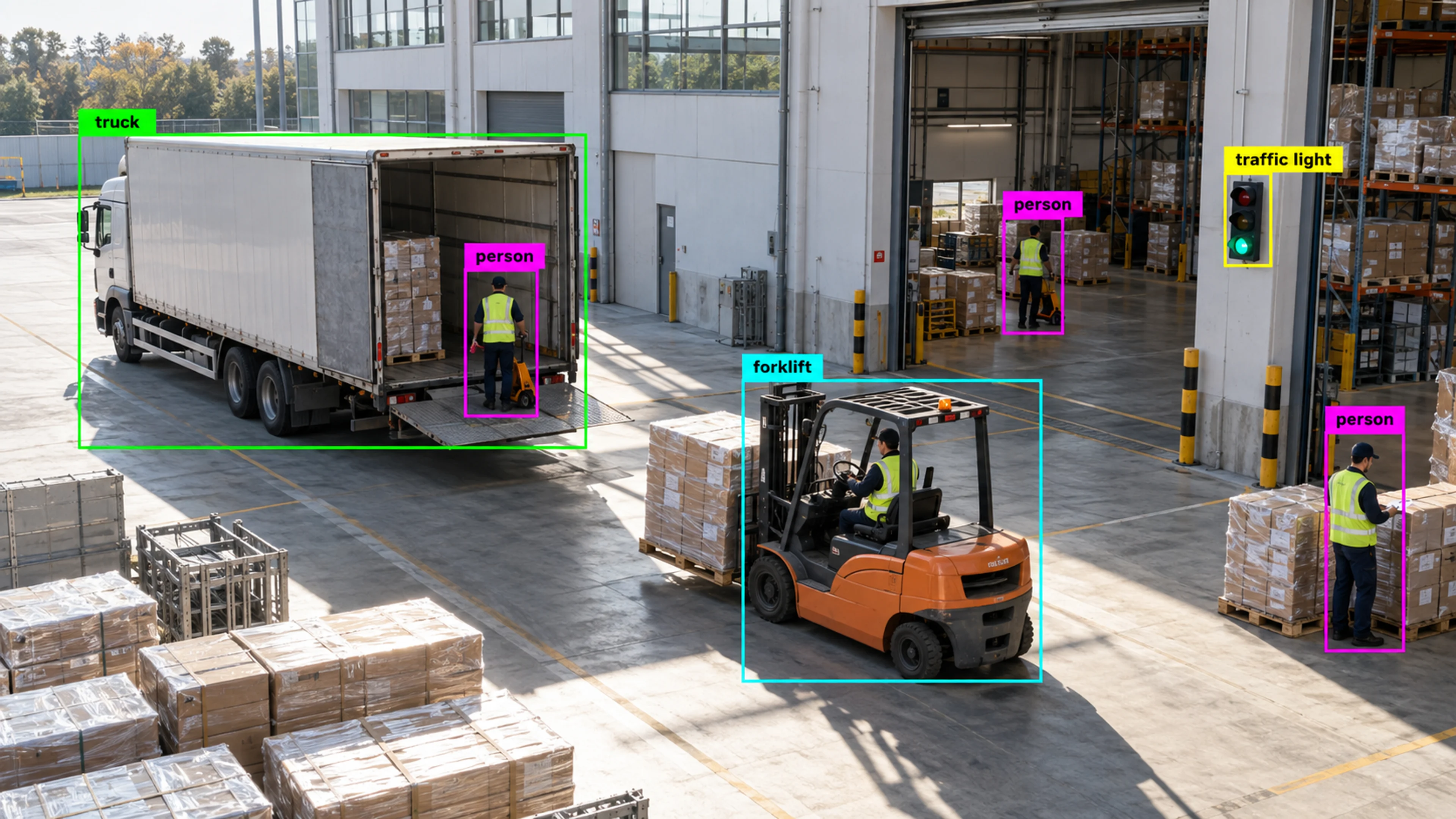Warehouse loading area with workers, storage and a forklift. Illustrative object detections.