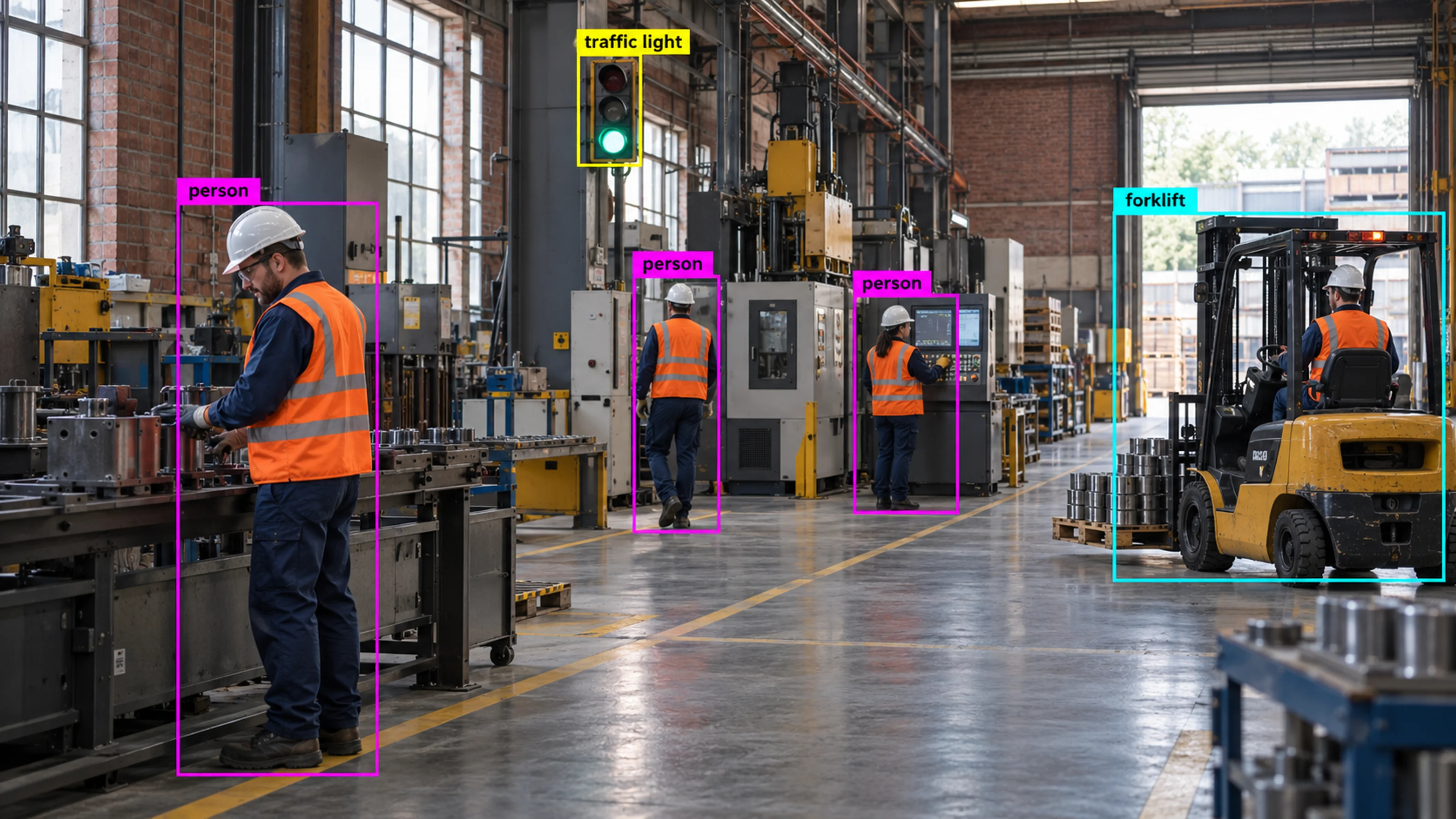 Factory production area with technicians and industrial machinery. Illustrative object detections.