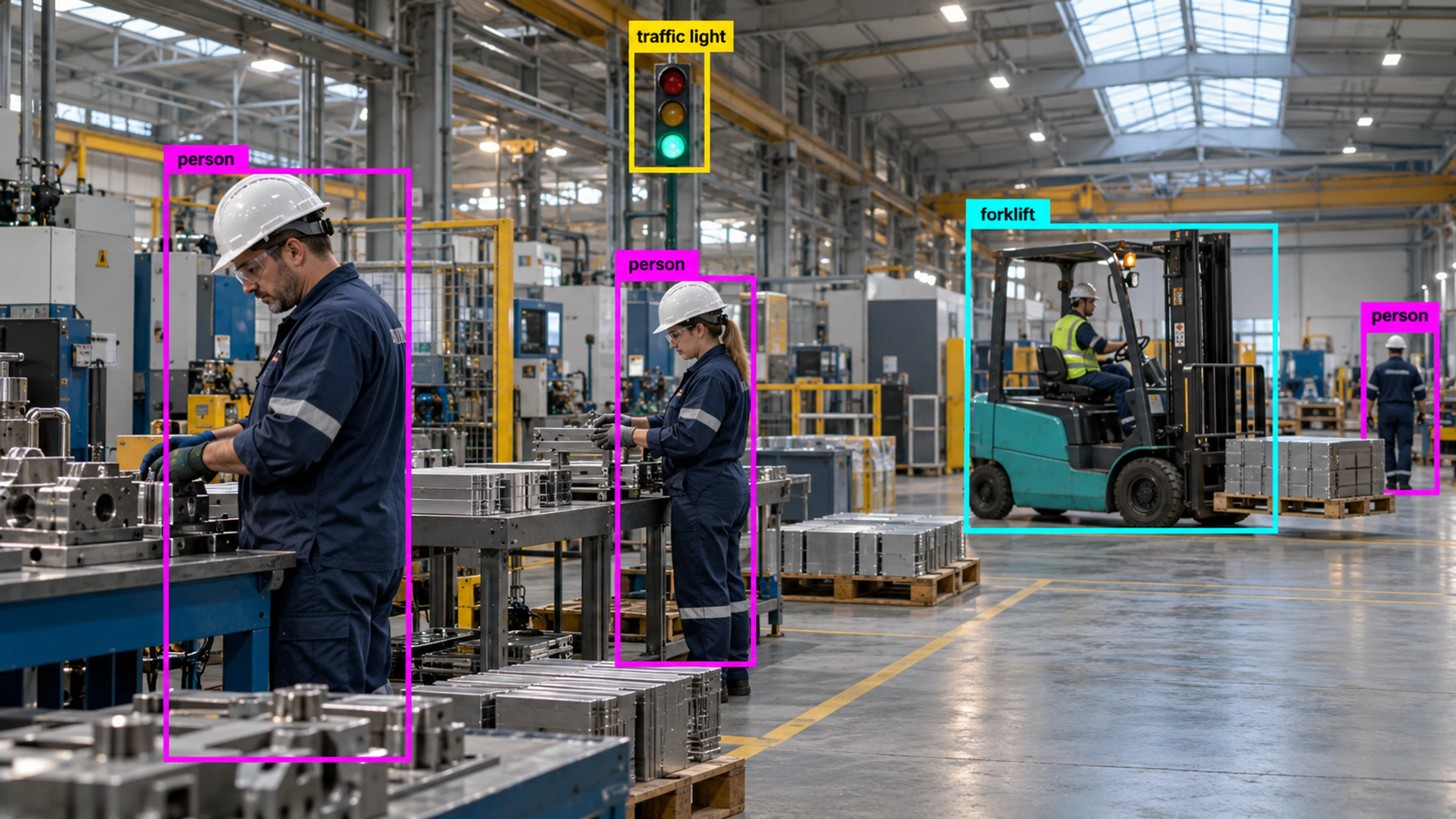 Factory production area with technicians and industrial machinery. Illustrative object detections.