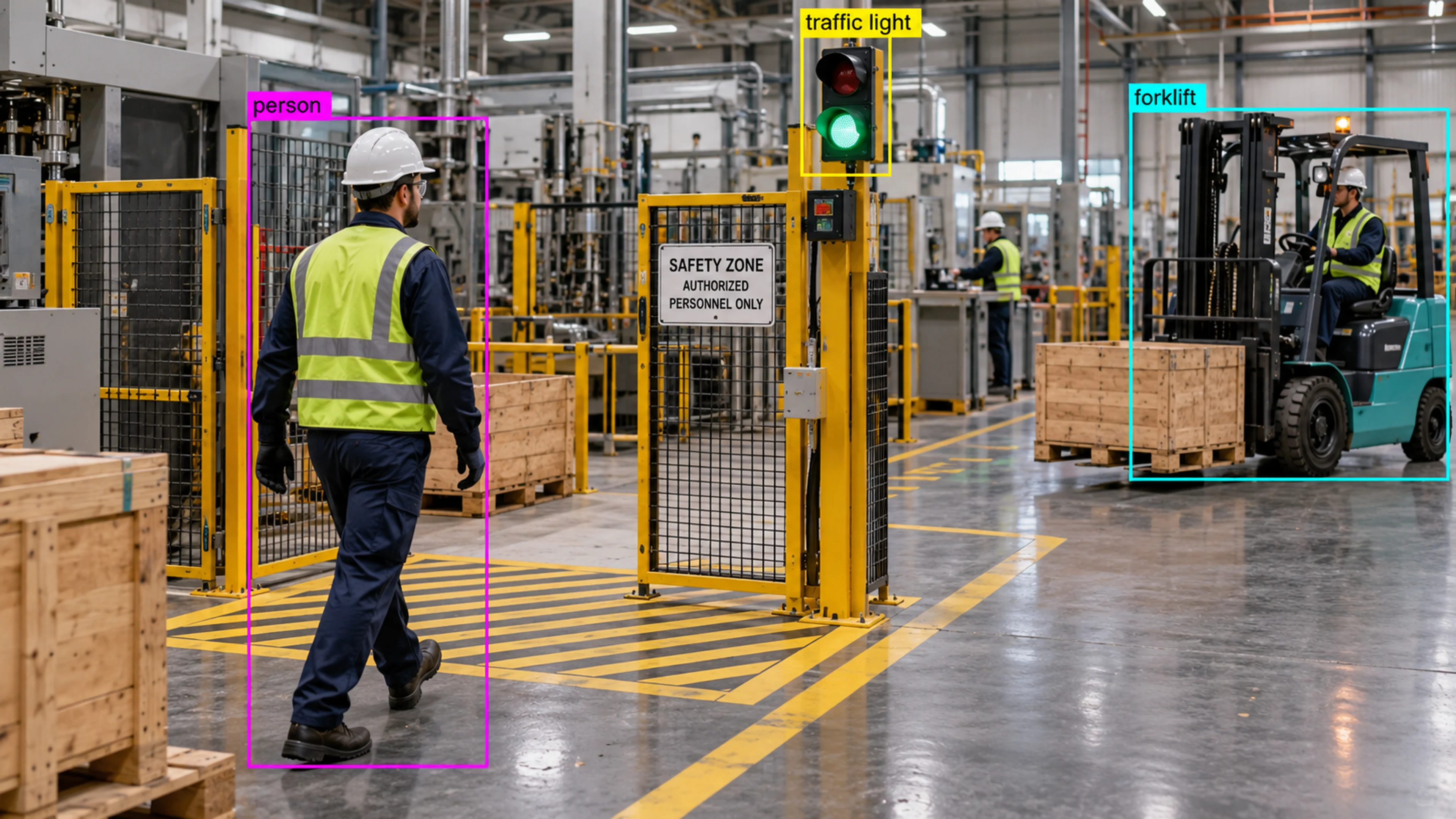 Factory production area with technicians and industrial machinery. Illustrative object detections.