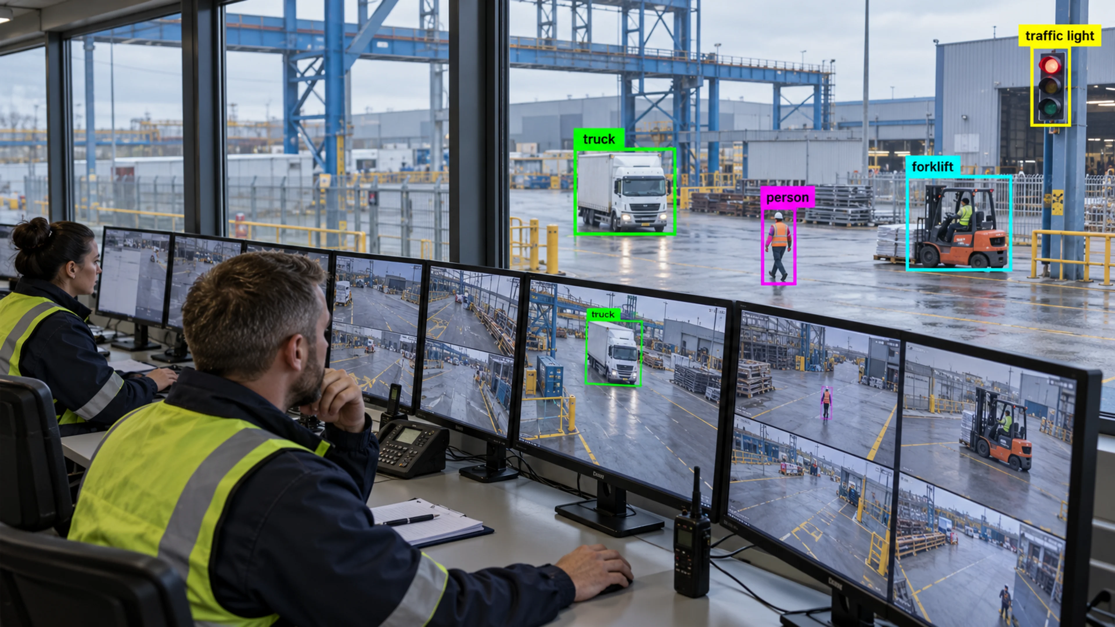 Operations staff reviewing camera views at monitoring workstations. Illustrative object detections.