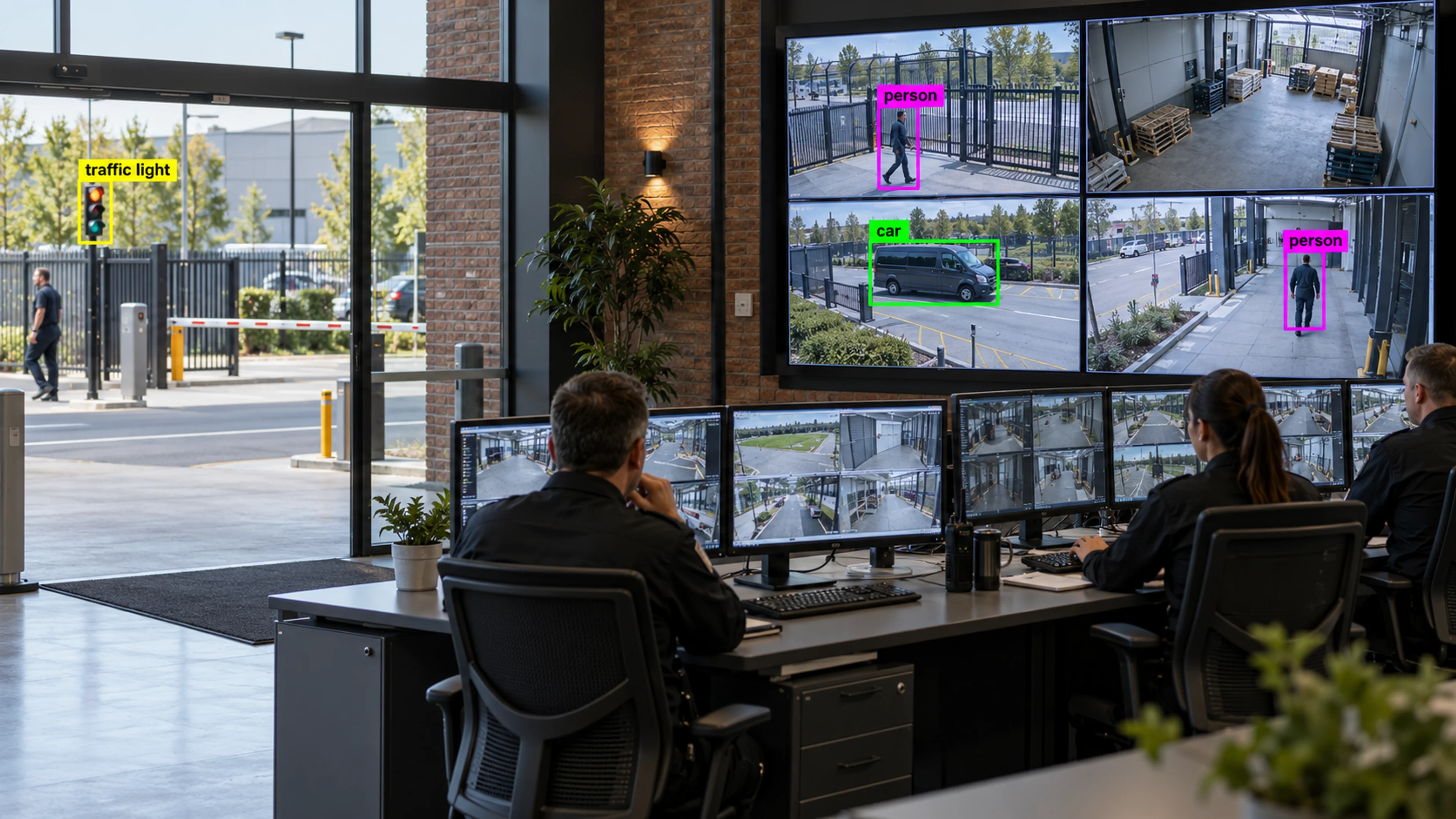 Operations staff reviewing camera views at monitoring workstations. Illustrative object detections.
