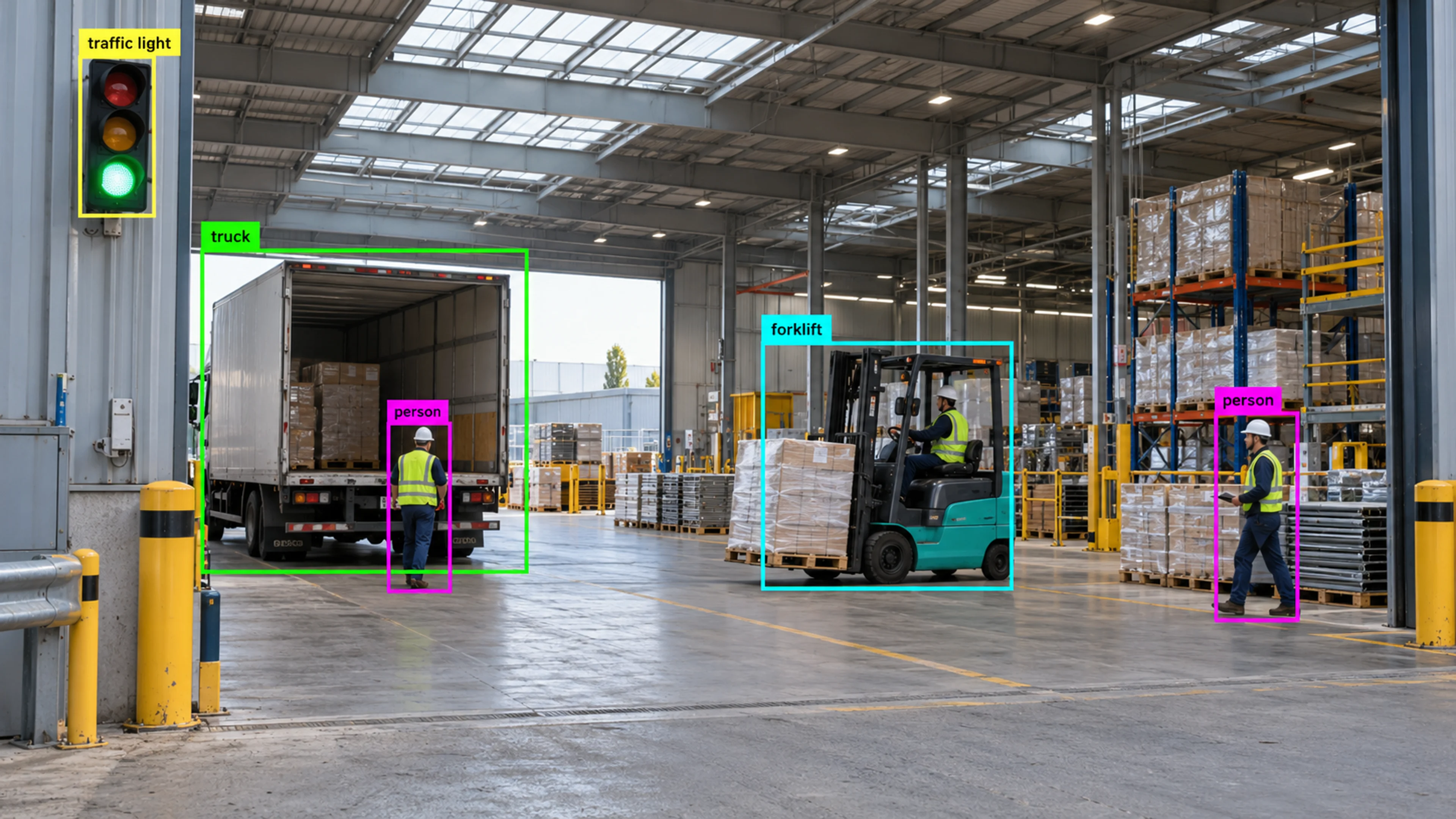 Warehouse loading area with workers, storage and a forklift. Illustrative object detections.