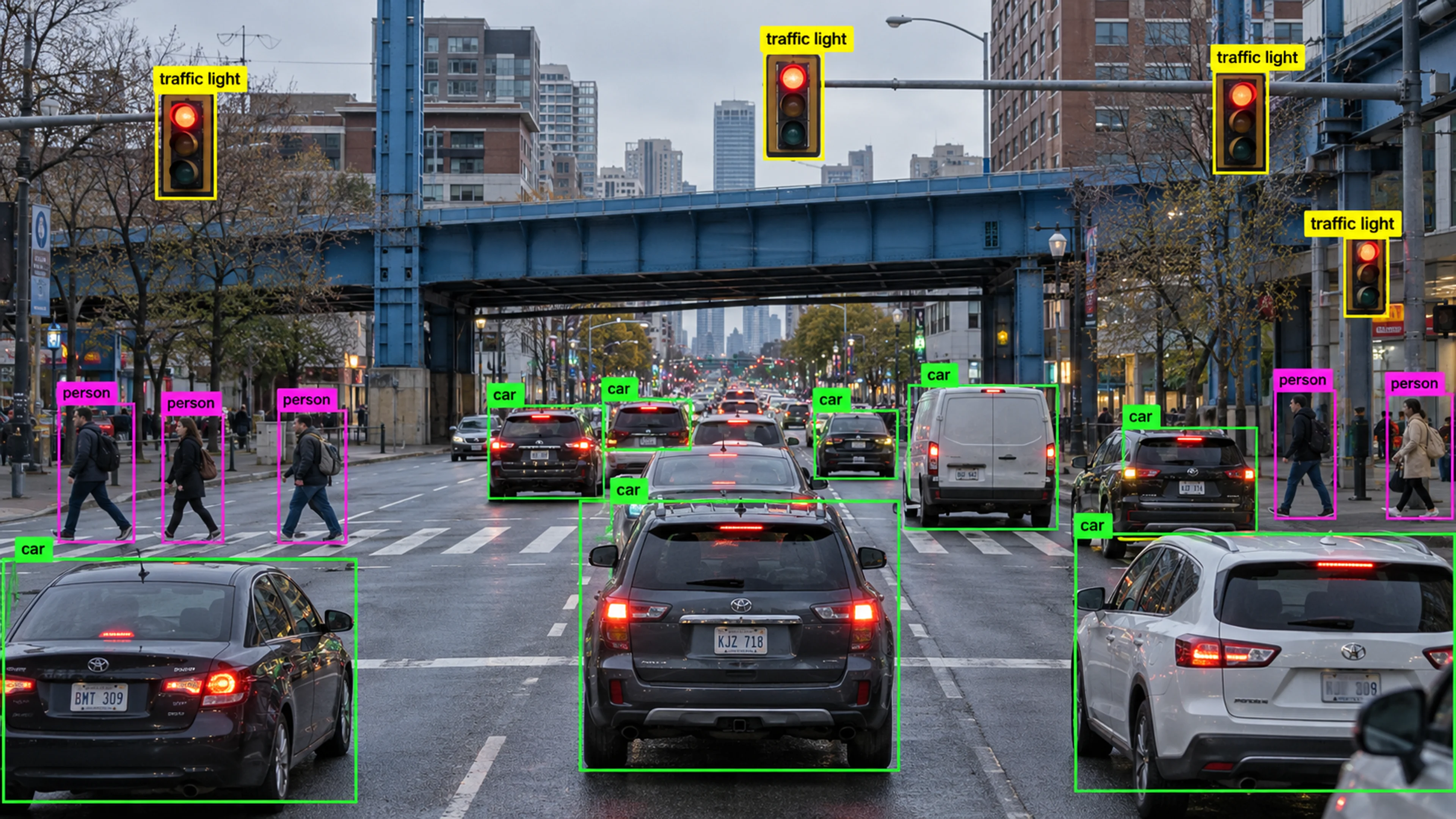 Urban intersection with vehicles, pedestrians and traffic lights. Illustrative object detections.