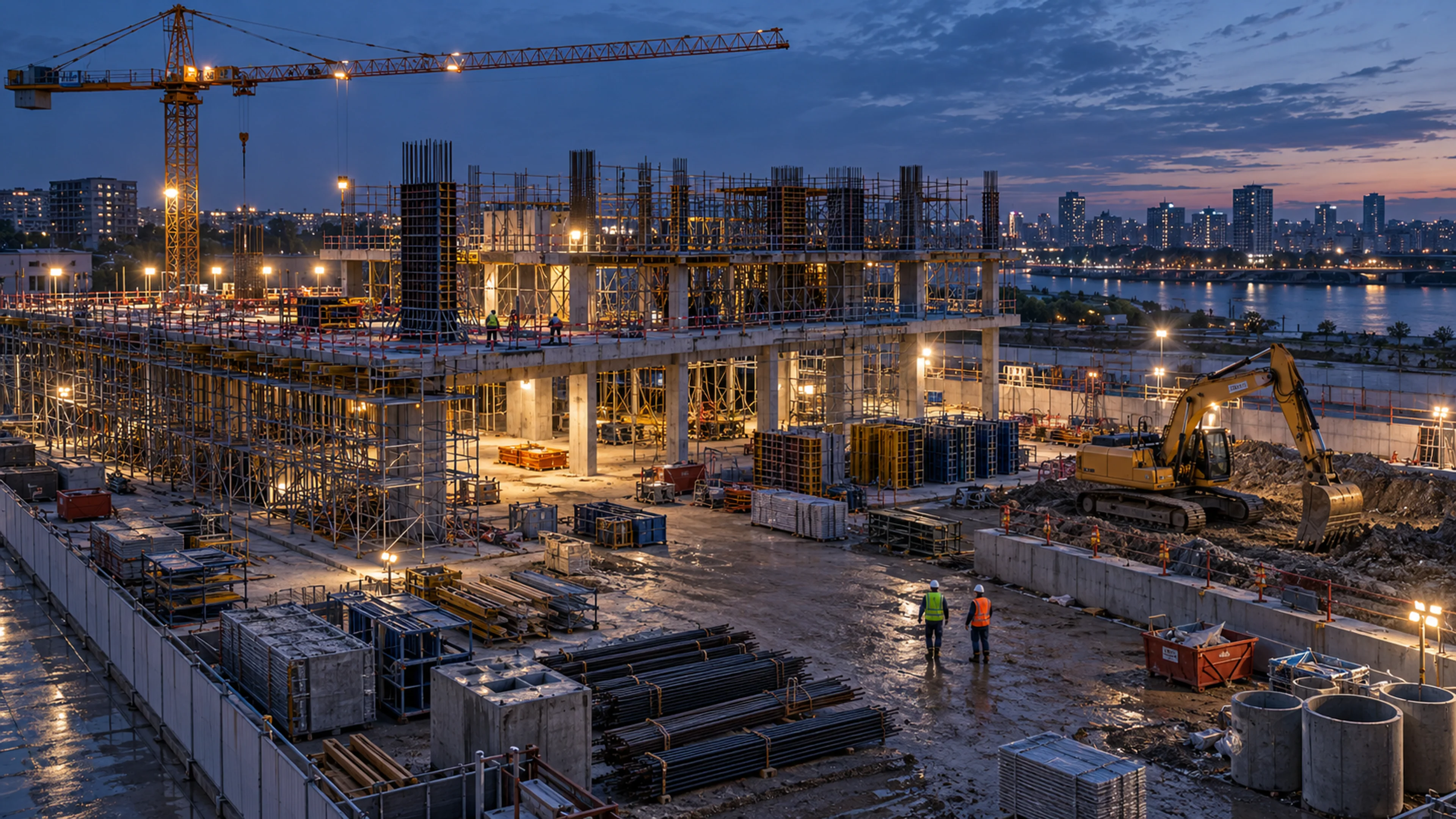 Commercial construction site with equipment, material staging areas, and workers in safety gear