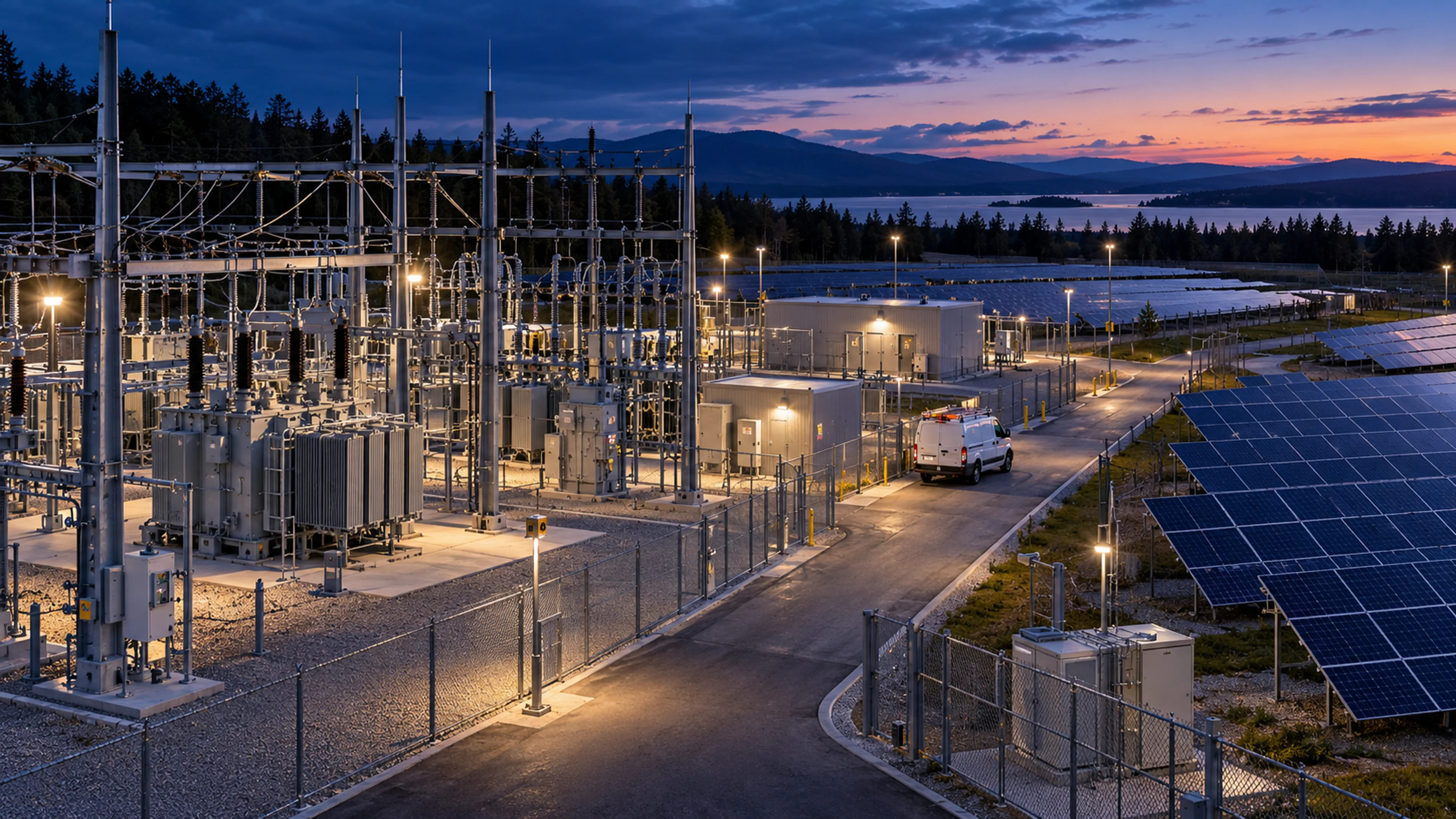 Energy facility with electrical infrastructure, solar panels, and clearly defined access routes